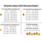 A size chart graphic titled '20 print sizes with this purchase!' showing four sections with different print ratio guides: A 2:3 ratio, A 3:4 ratio, A 4:5 ratio, and an ISO file. Each section lists multiple print sizes in inches and centimeters with small tree icons next to them.