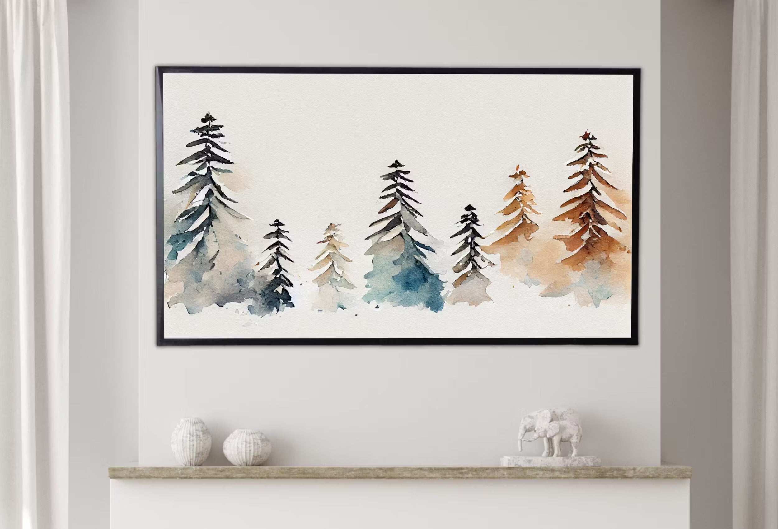 Samsung Frame TV Art 4K Watercolor Winter Forest Landscape Painting. Instant Download Minimalist Winter Art for Frame TV. Nature Art for TV