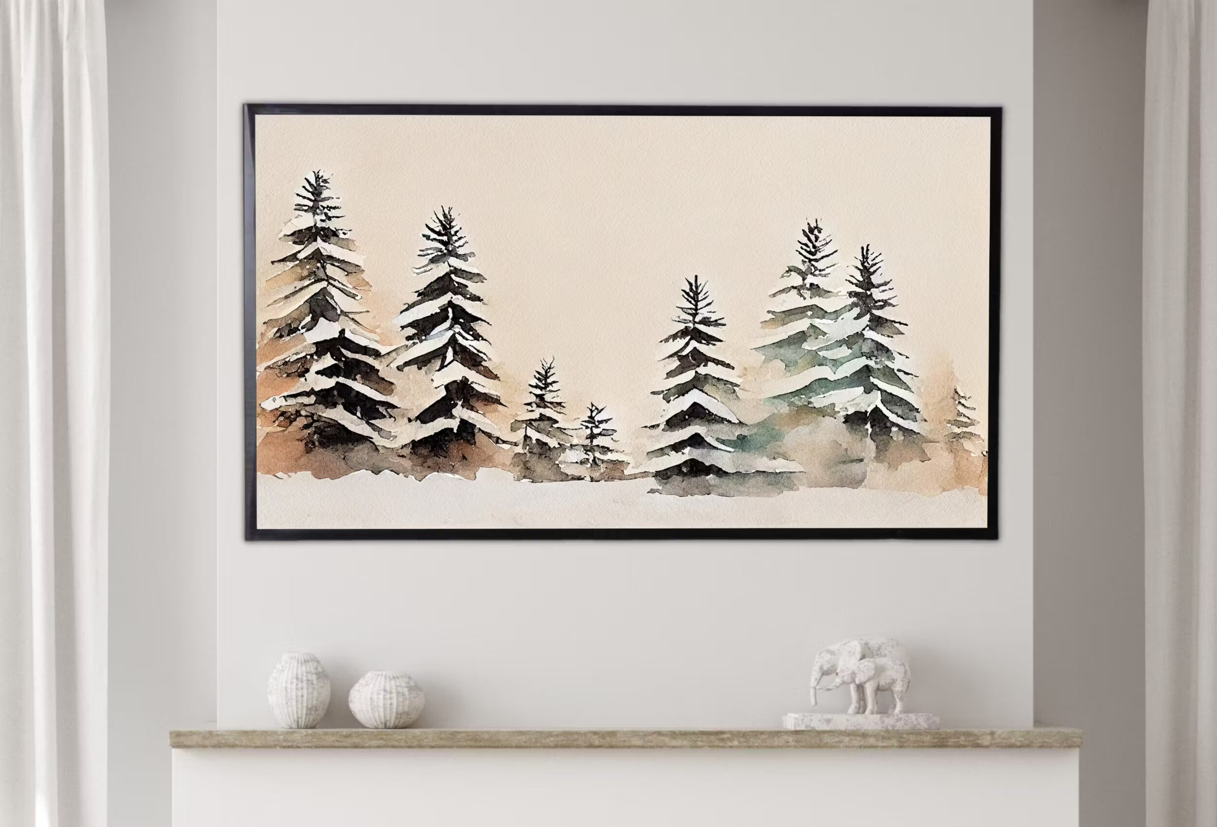 Samsung Frame TV Art 4K Winter Forest Landscape Watercolor Painting. Instant Download Minimalist Winter Art for Frame TV. Nature Art for TV