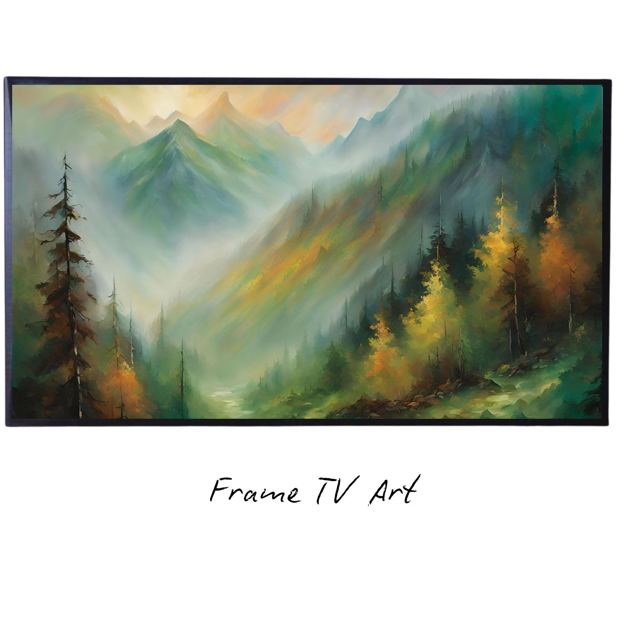 Modern Art For Frame TV. Mountain View Oil Artwork. Colorful Nature Decor For Scenic Display