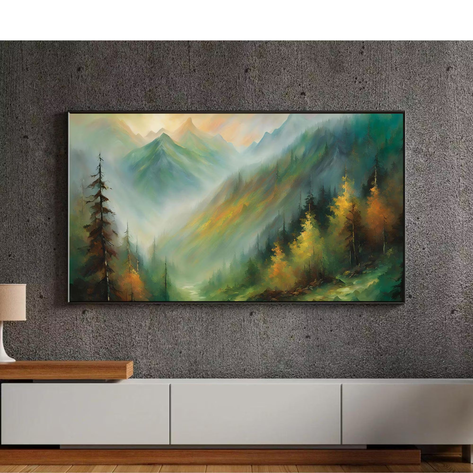Modern Art For Frame TV. Mountain View Oil Artwork. Colorful Nature Decor For Scenic Display