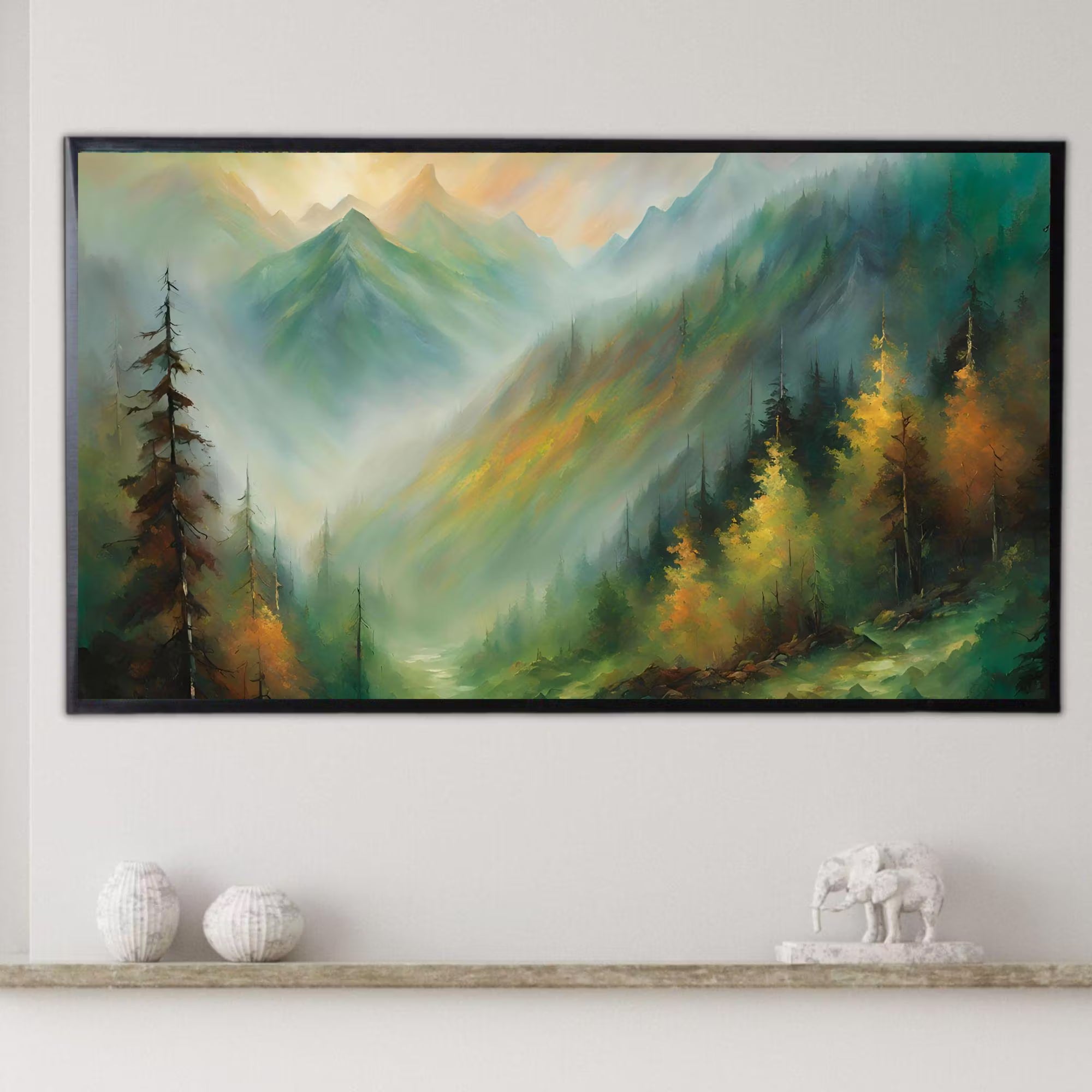 Modern Art For Frame TV. Mountain View Oil Artwork. Colorful Nature Decor For Scenic Display