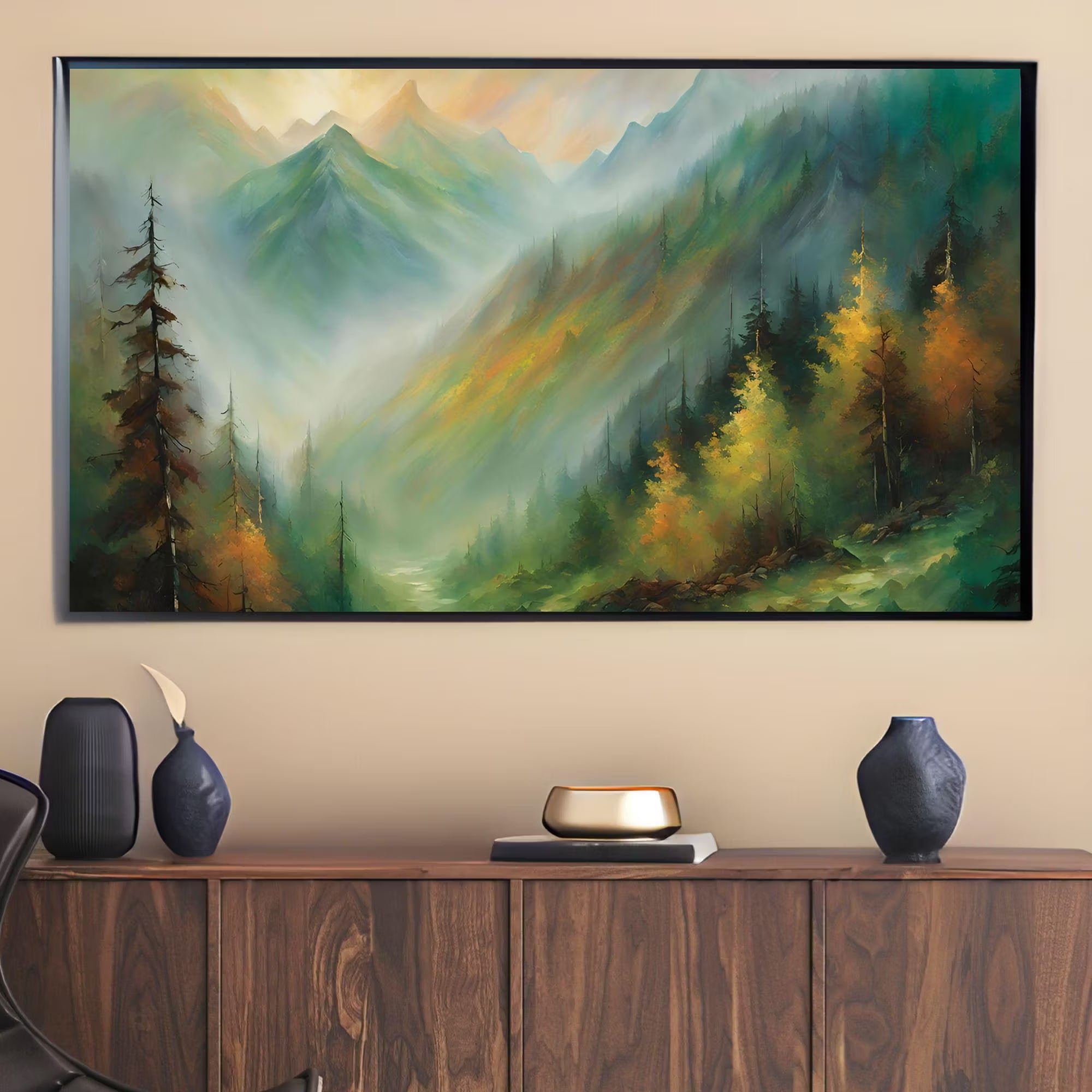 Modern Art For Frame TV. Mountain View Oil Artwork. Colorful Nature Decor For Scenic Display