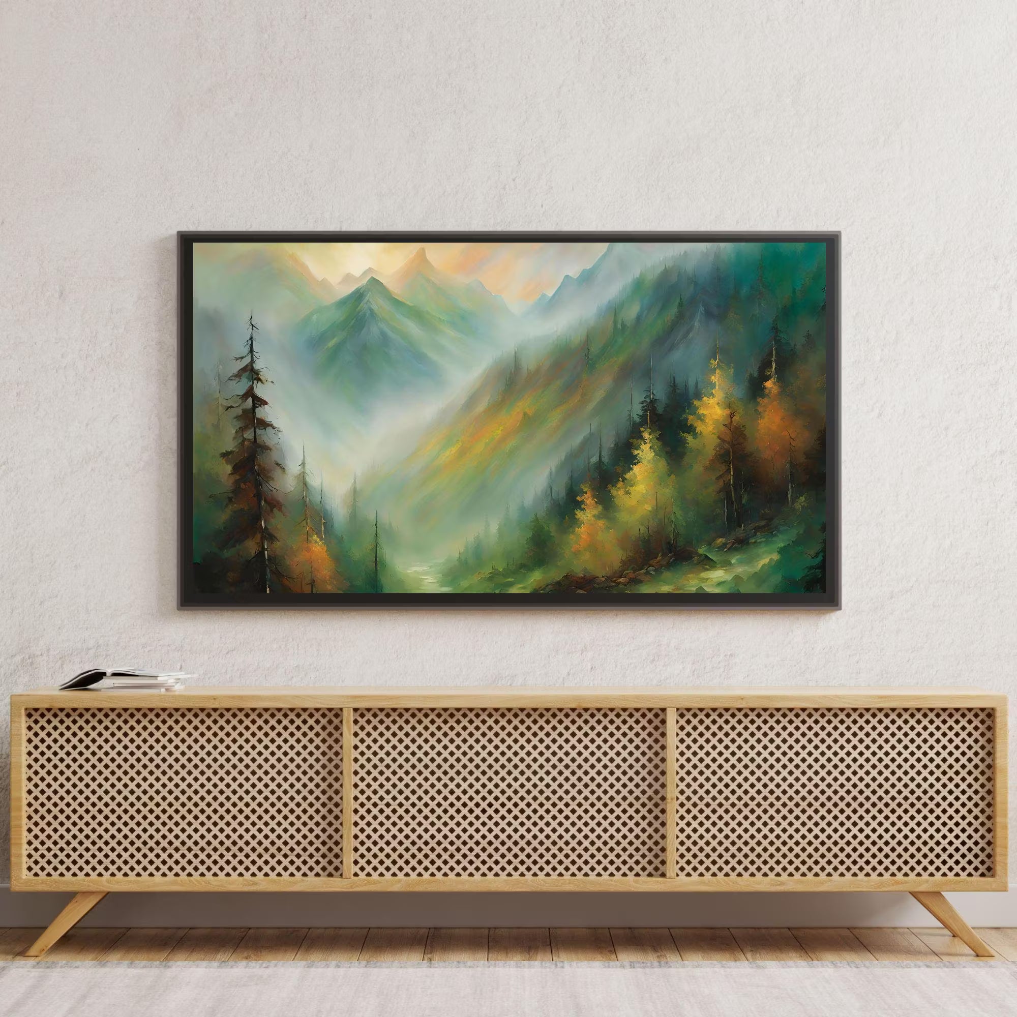 Modern Art For Frame TV. Mountain View Oil Artwork. Colorful Nature Decor For Scenic Display