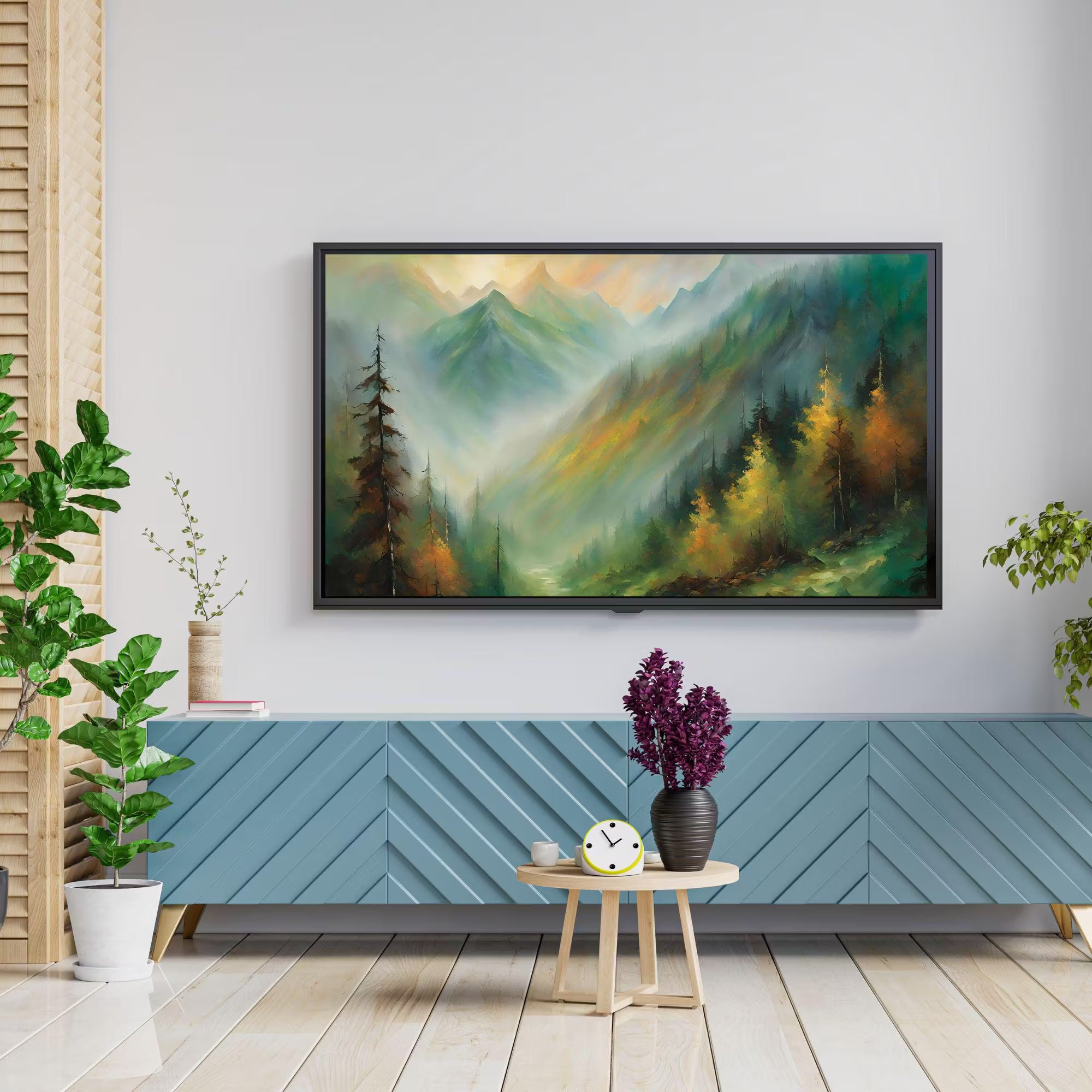 Modern Art For Frame TV. Mountain View Oil Artwork. Colorful Nature Decor For Scenic Display