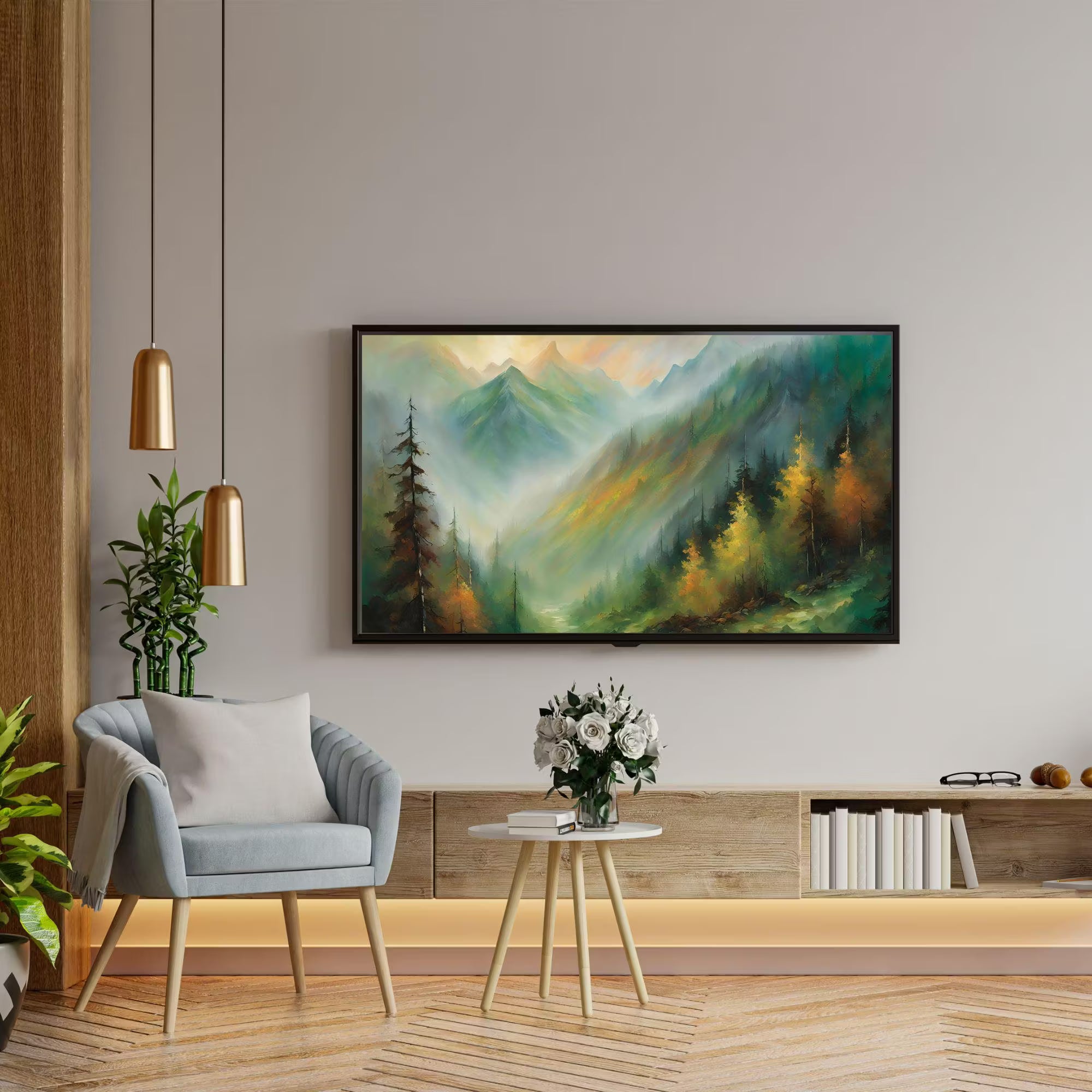 Modern Art For Frame TV. Mountain View Oil Artwork. Colorful Nature Decor For Scenic Display