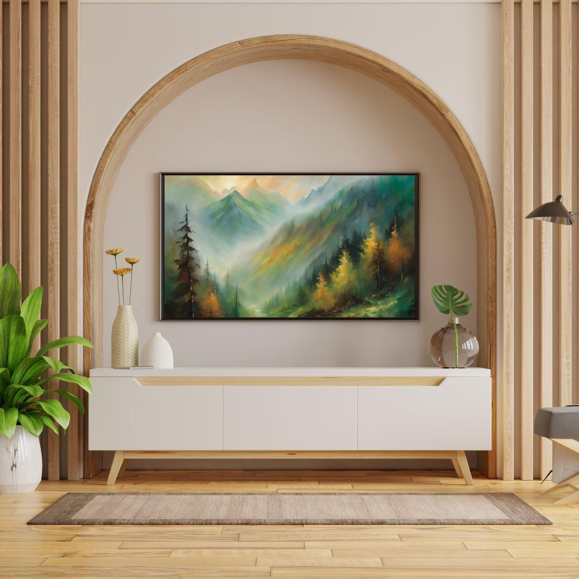 Modern Art For Frame TV. Mountain View Oil Artwork. Colorful Nature Decor For Scenic Display