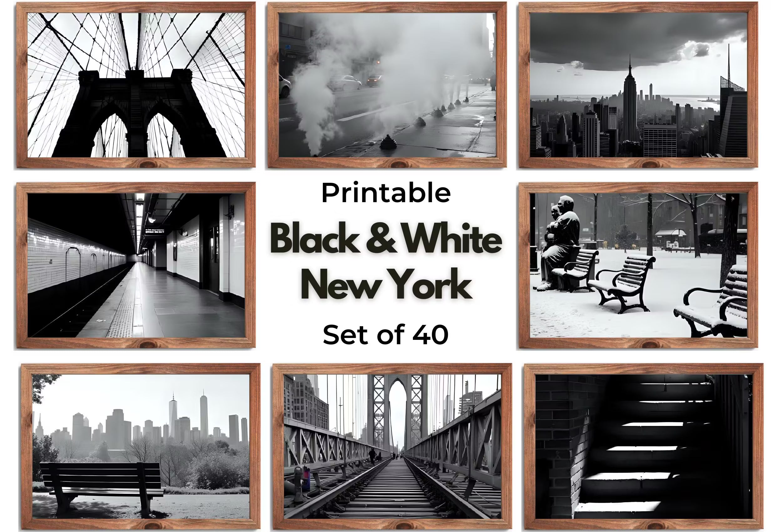 Black and White New York Digital Prints | Digital Wall Art | NYC Skyline, Brooklyn Urban Gallery Wall Set