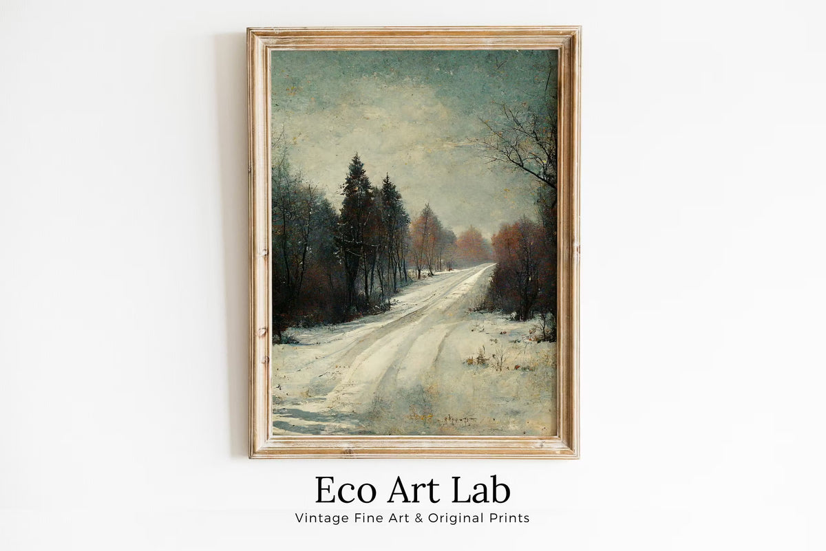 Vintage Neutral Winter Village Road Scene. Winter Road Landscape Printable Wall Art. Rustic Country Landscape Muted Art. Instant Download.
