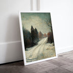 Vintage Neutral Winter Village Road Scene. Winter Road Landscape Printable Wall Art. Rustic Country Landscape Muted Art. Instant Download.