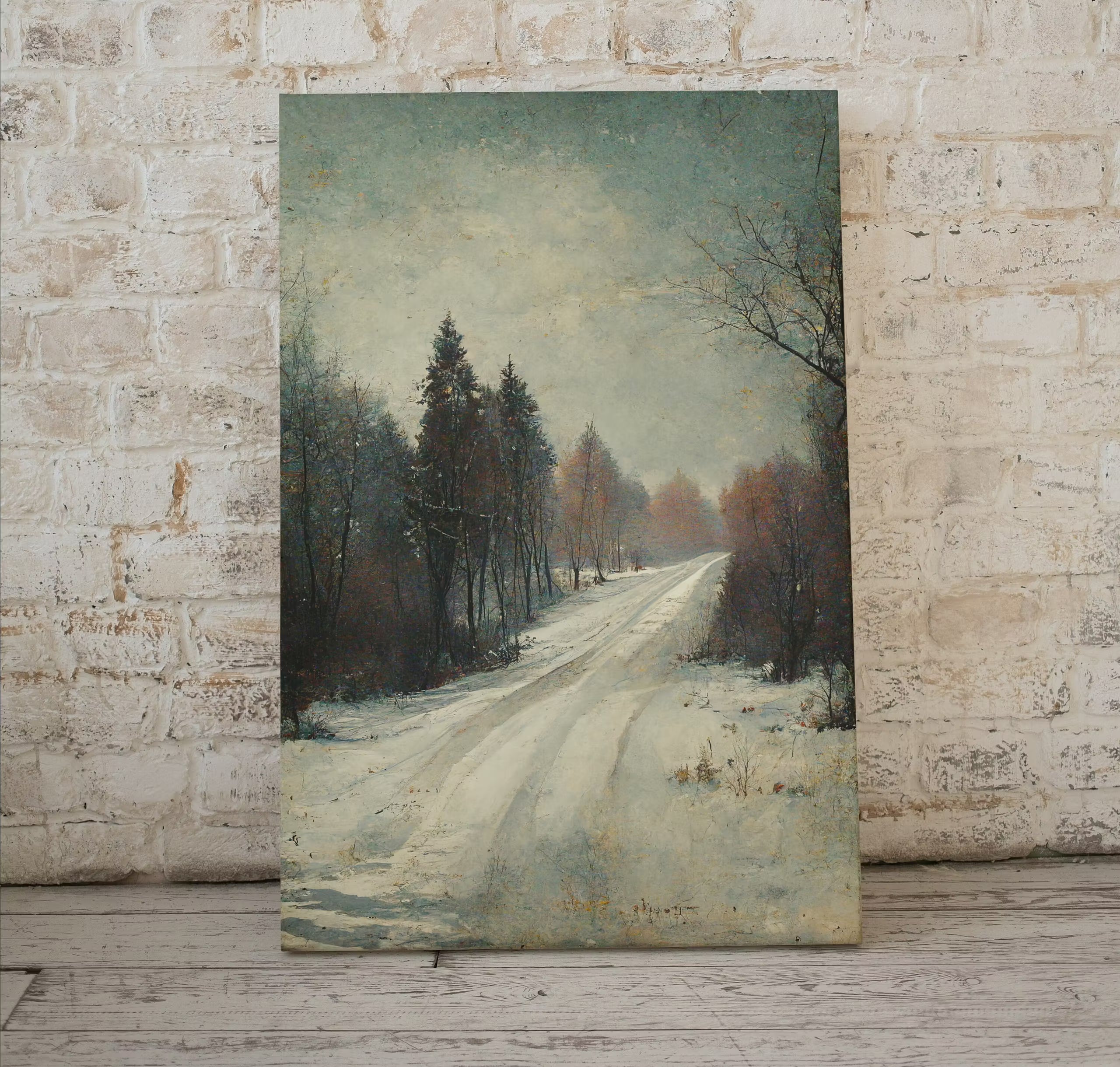 Vintage Neutral Winter Village Road Scene. Winter Road Landscape Printable Wall Art. Rustic Country Landscape Muted Art. Instant Download.