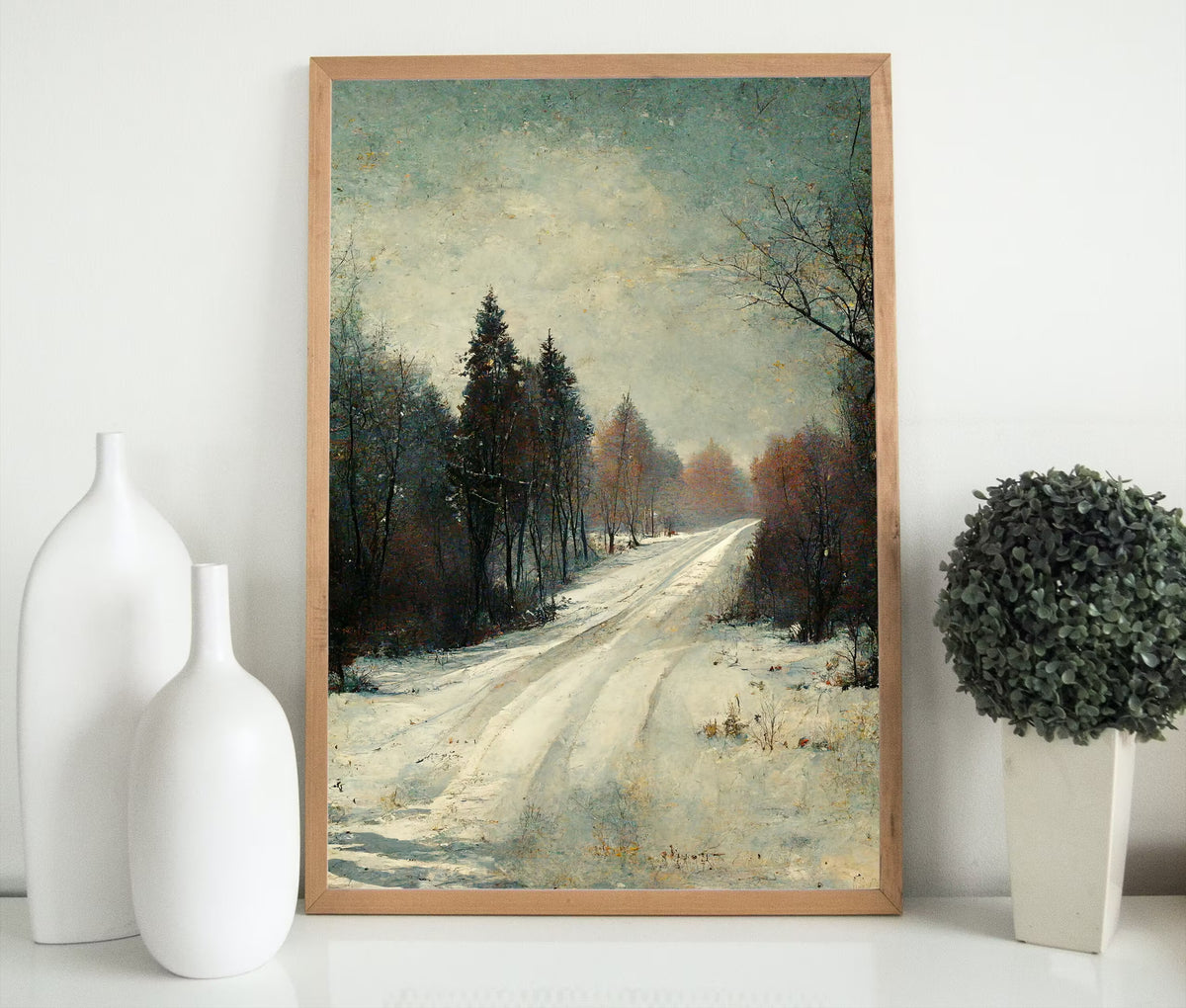 Vintage Neutral Winter Village Road Scene. Winter Road Landscape Printable Wall Art. Rustic Country Landscape Muted Art. Instant Download.