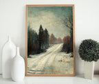Vintage Neutral Winter Village Road Scene. Winter Road Landscape Printable Wall Art. Rustic Country Landscape Muted Art. Instant Download.