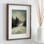 Vintage Neutral Winter Village Road Scene. Winter Road Landscape Printable Wall Art. Rustic Country Landscape Muted Art. Instant Download.
