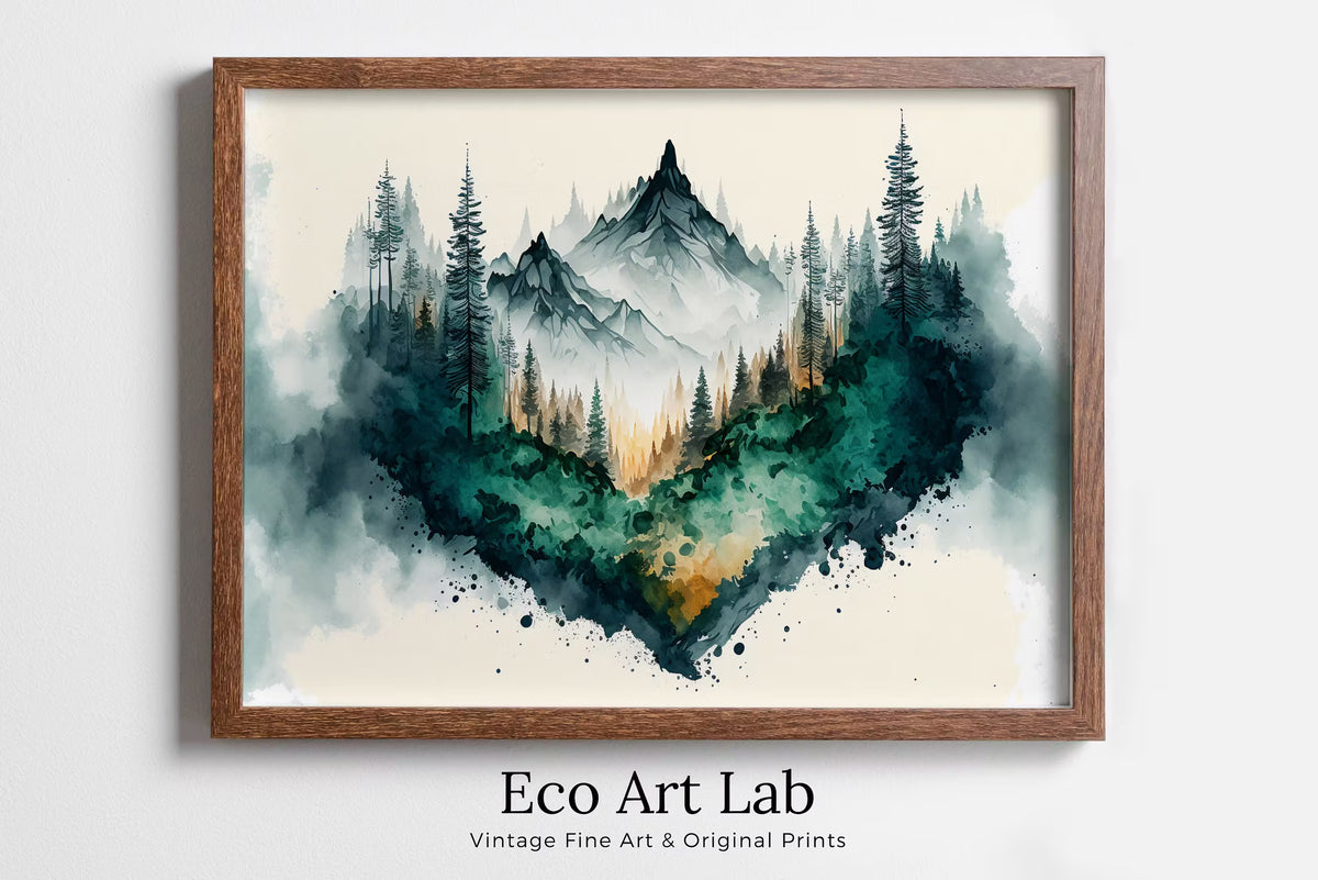 Mountain Forest Art. Watercolor Forest Landscape Printable. Printable Wall Art. Green Forest Trees Painting Print. Digital Art. Nature Decor