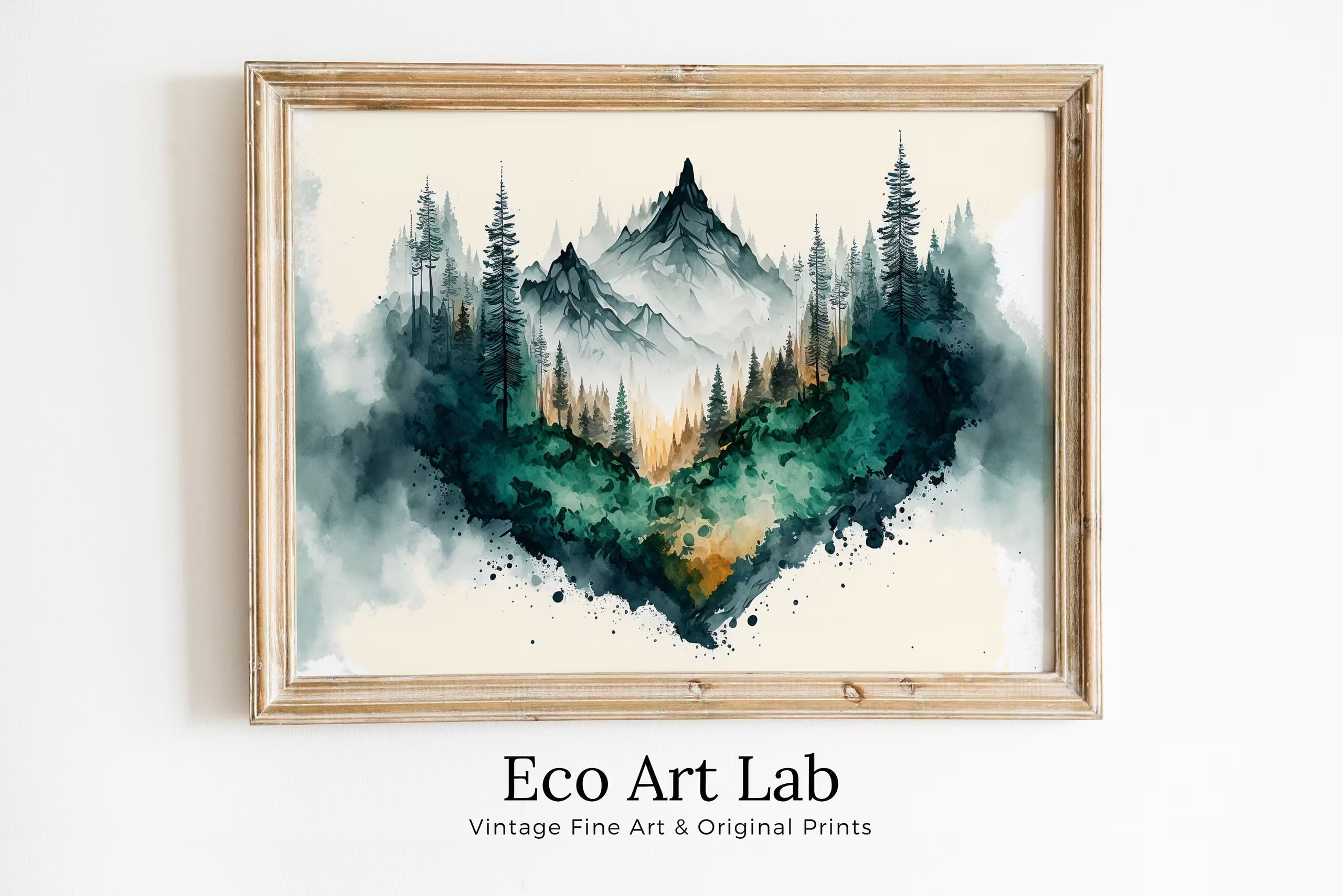 Mountain Forest Art. Watercolor Forest Landscape Printable. Printable Wall Art. Green Forest Trees Painting Print. Digital Art. Nature Decor