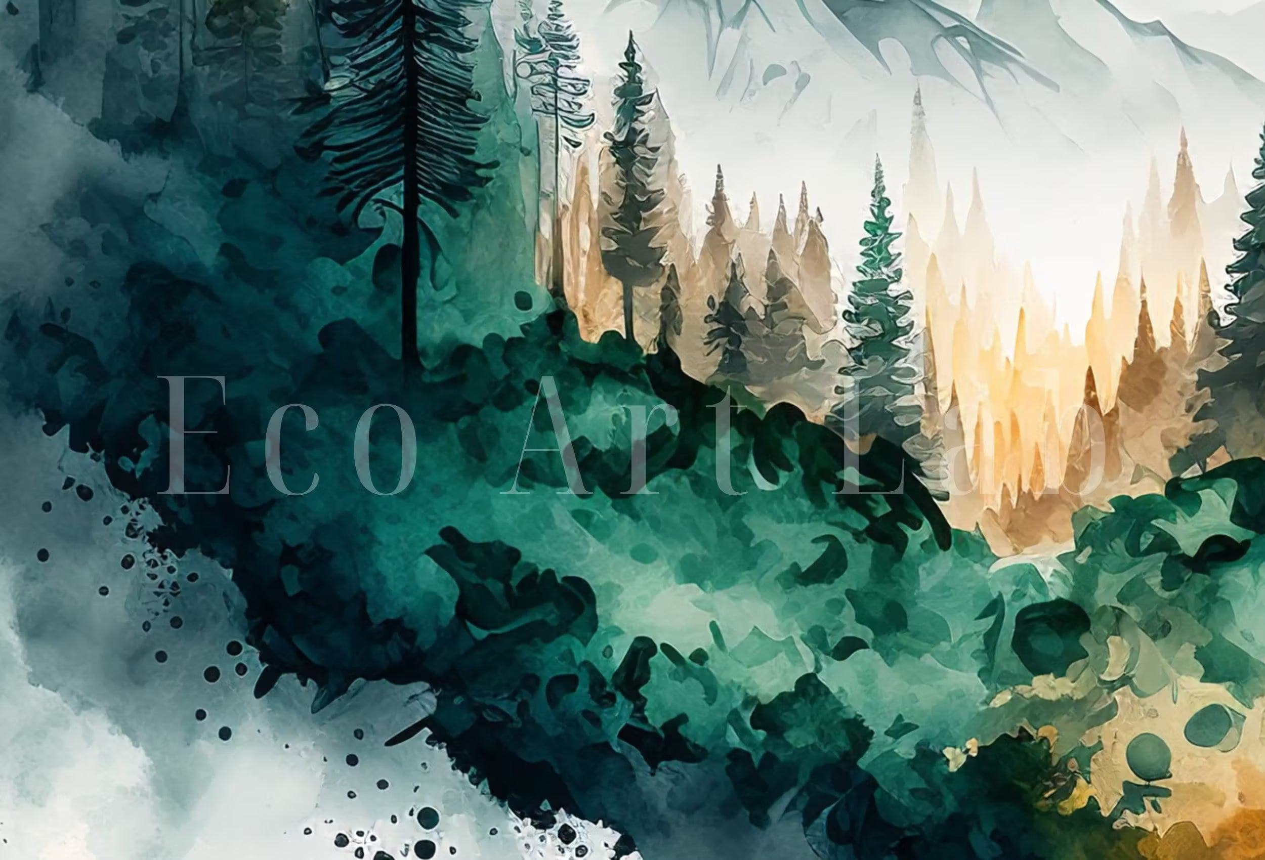 Mountain Forest Art. Watercolor Forest Landscape Printable. Printable Wall Art. Green Forest Trees Painting Print. Digital Art. Nature Decor