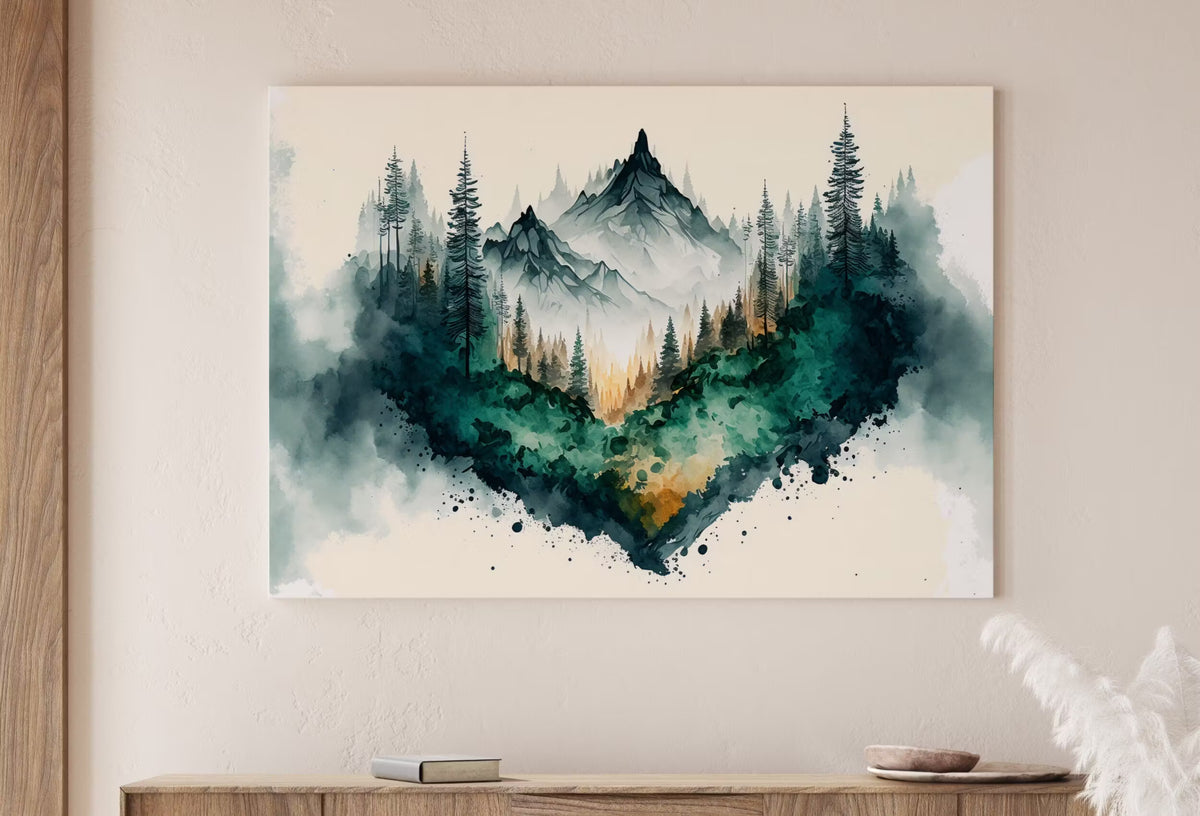 Mountain Forest Art. Watercolor Forest Landscape Printable. Printable Wall Art. Green Forest Trees Painting Print. Digital Art. Nature Decor