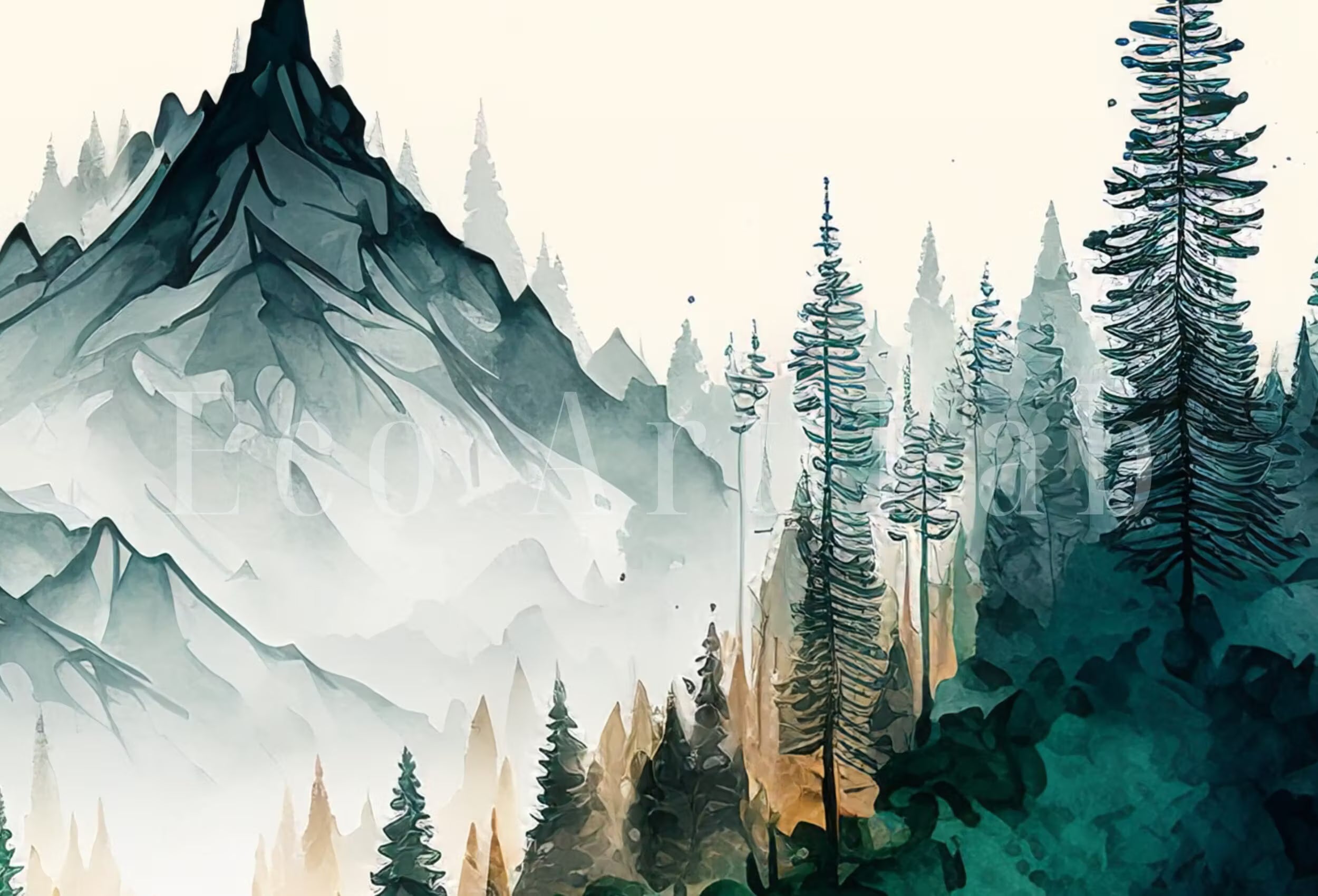 Mountain Forest Art. Watercolor Forest Landscape Printable. Printable Wall Art. Green Forest Trees Painting Print. Digital Art. Nature Decor