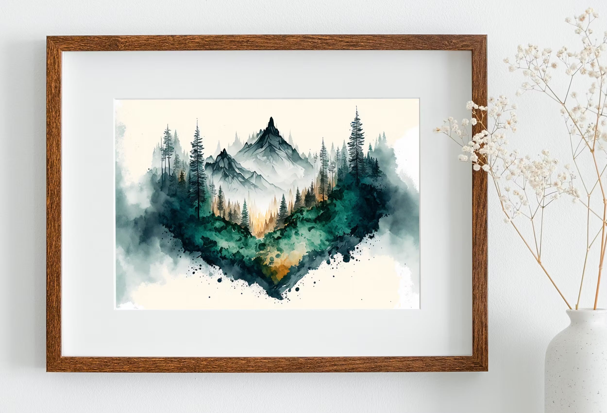 Mountain Forest Art. Watercolor Forest Landscape Printable. Printable Wall Art. Green Forest Trees Painting Print. Digital Art. Nature Decor