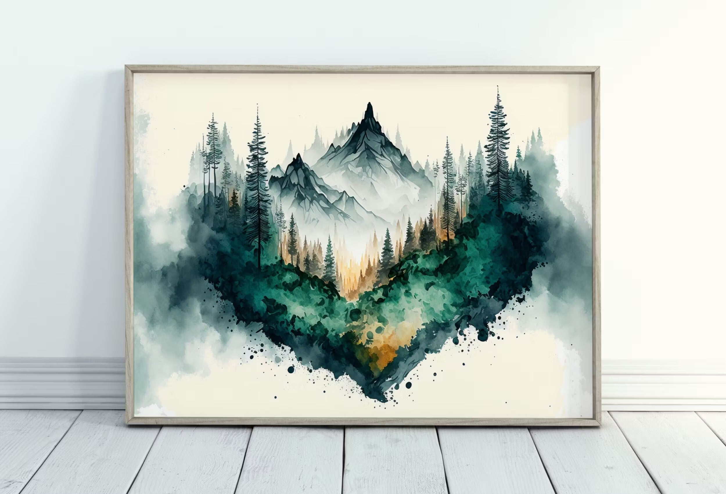 Mountain Forest Art. Watercolor Forest Landscape Printable. Printable Wall Art. Green Forest Trees Painting Print. Digital Art. Nature Decor