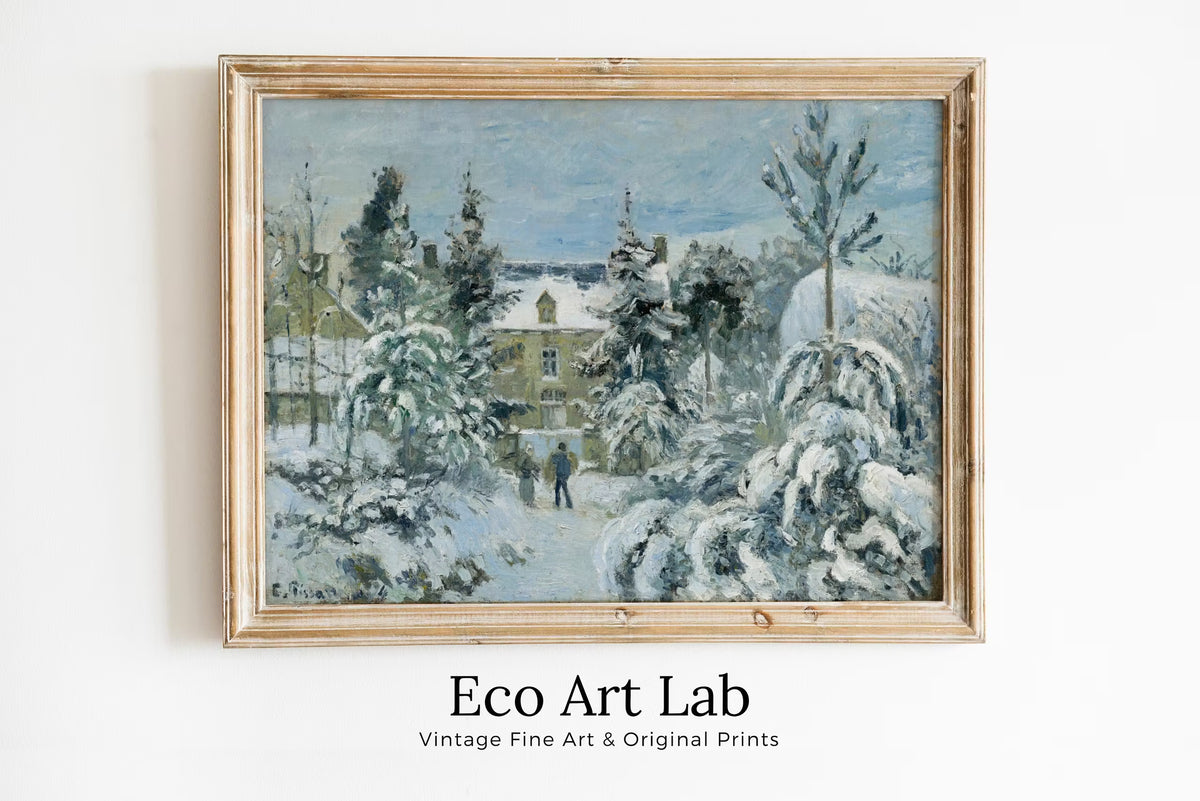 Snowy French Countryside Winter Landscape Vintage Painting. Printable Wall Art. Instant Download Snow Decor. Antique Oil Painting. Art Print