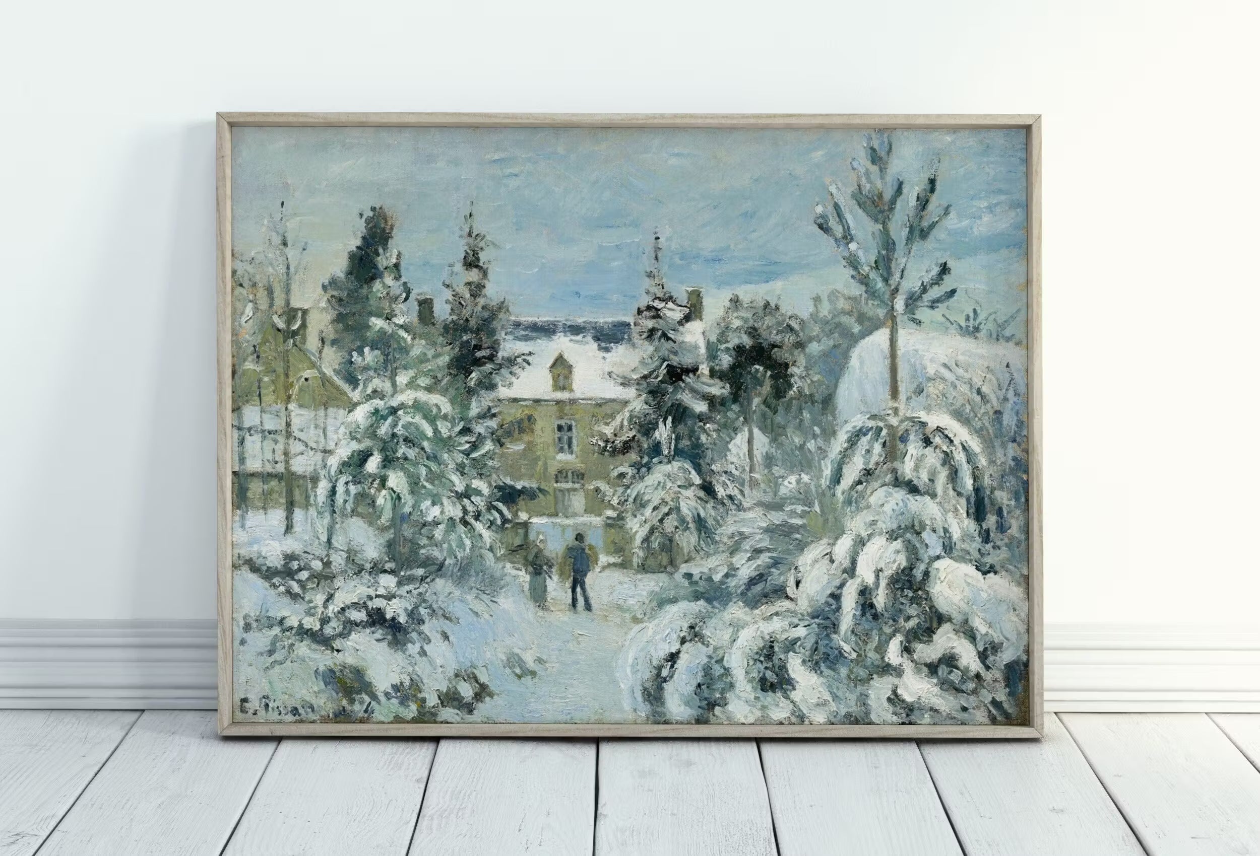Snowy French Countryside Winter Landscape Vintage Painting. Printable Wall Art. Instant Download Snow Decor. Antique Oil Painting. Art Print