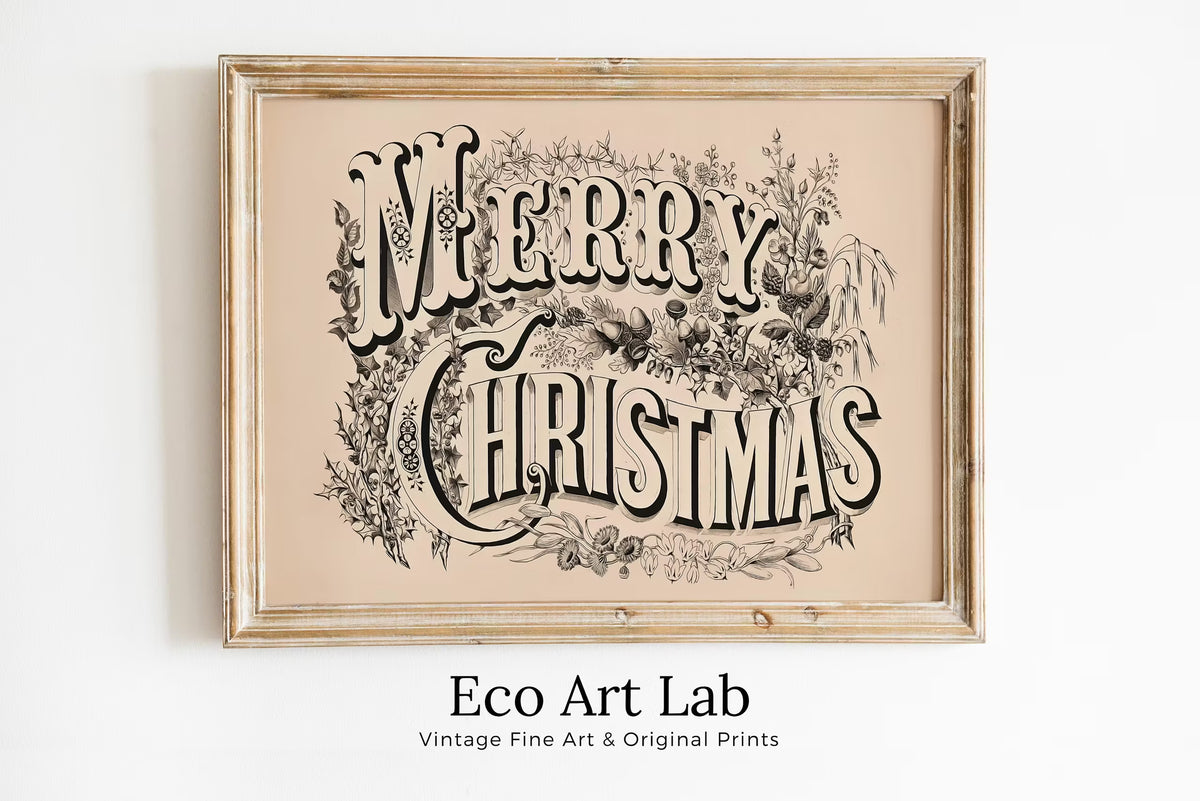 Vintage Merry Christmas Art Print. Christmas Printable Wall Art. Antique Christmas Wall Decor. Christmas Art Retro Holiday Greeting Wall Art