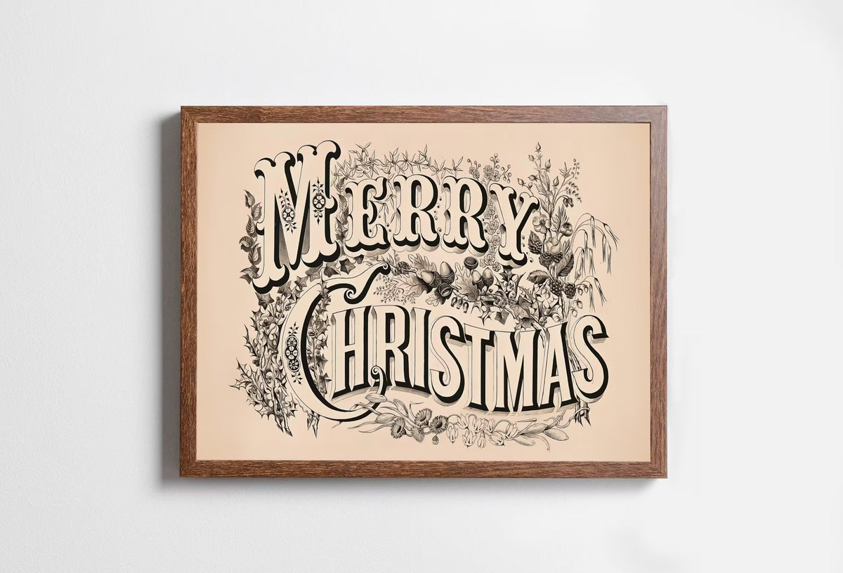 Vintage Merry Christmas Art Print. Christmas Printable Wall Art. Antique Christmas Wall Decor. Christmas Art Retro Holiday Greeting Wall Art