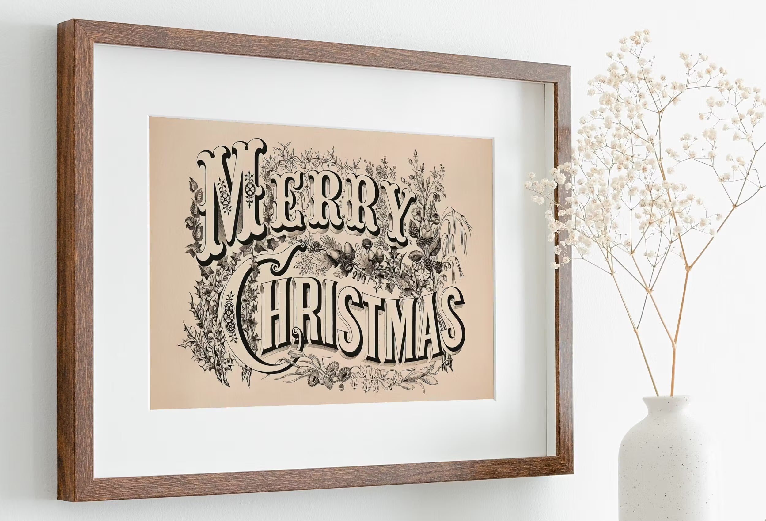 Vintage Merry Christmas Art Print. Christmas Printable Wall Art. Antique Christmas Wall Decor. Christmas Art Retro Holiday Greeting Wall Art