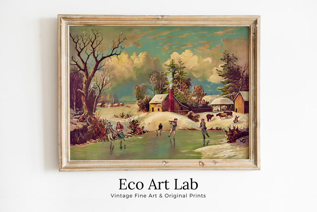 American Winter Life Vintage Art Print. Antique PRINTABLE Painting. Instant Download. Winter Scene Landscape Art. Rustic Country Art