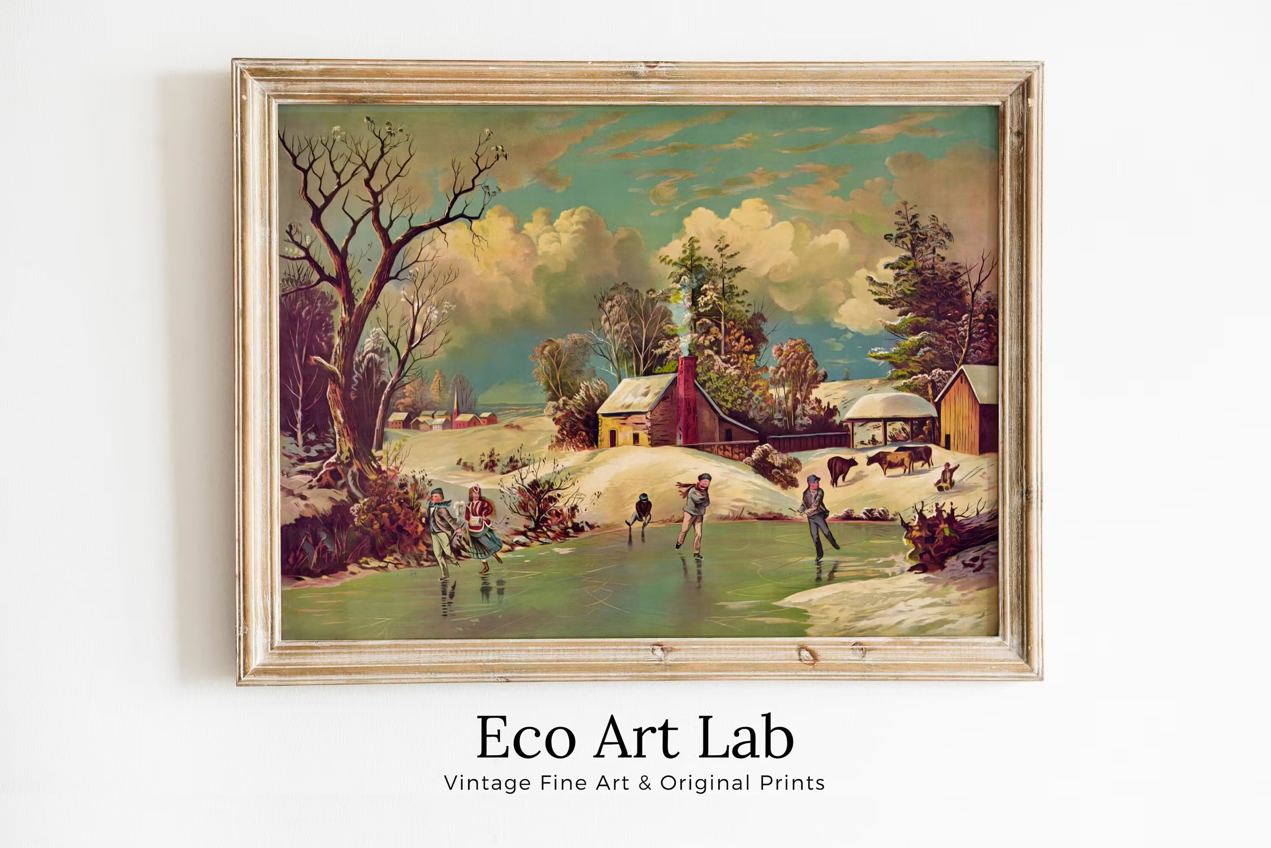 American Winter Life Vintage Art Print. Antique PRINTABLE Painting. Instant Download. Winter Scene Landscape Art. Rustic Country Art