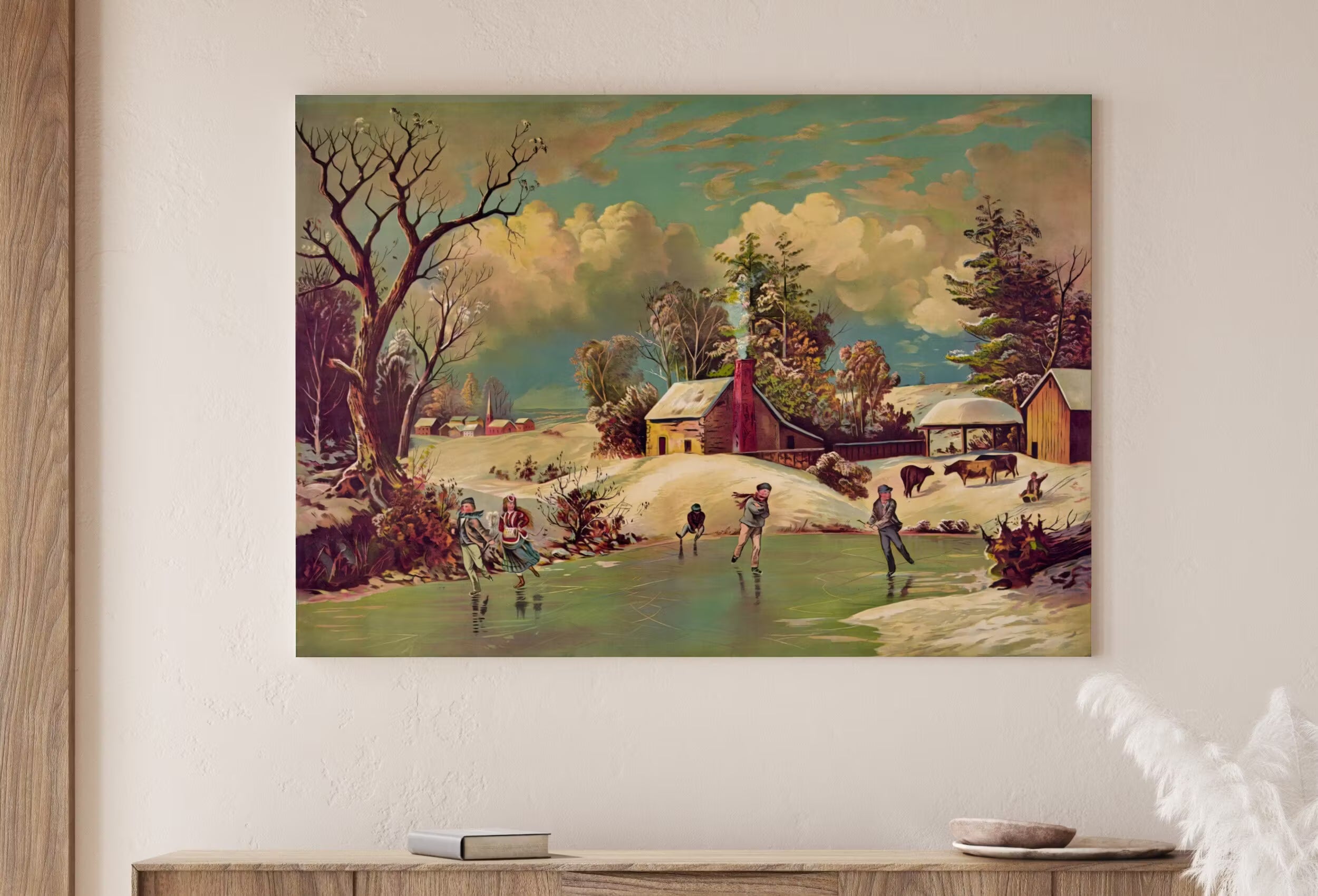 American Winter Life Vintage Art Print. Antique PRINTABLE Painting. Instant Download. Winter Scene Landscape Art. Rustic Country Art