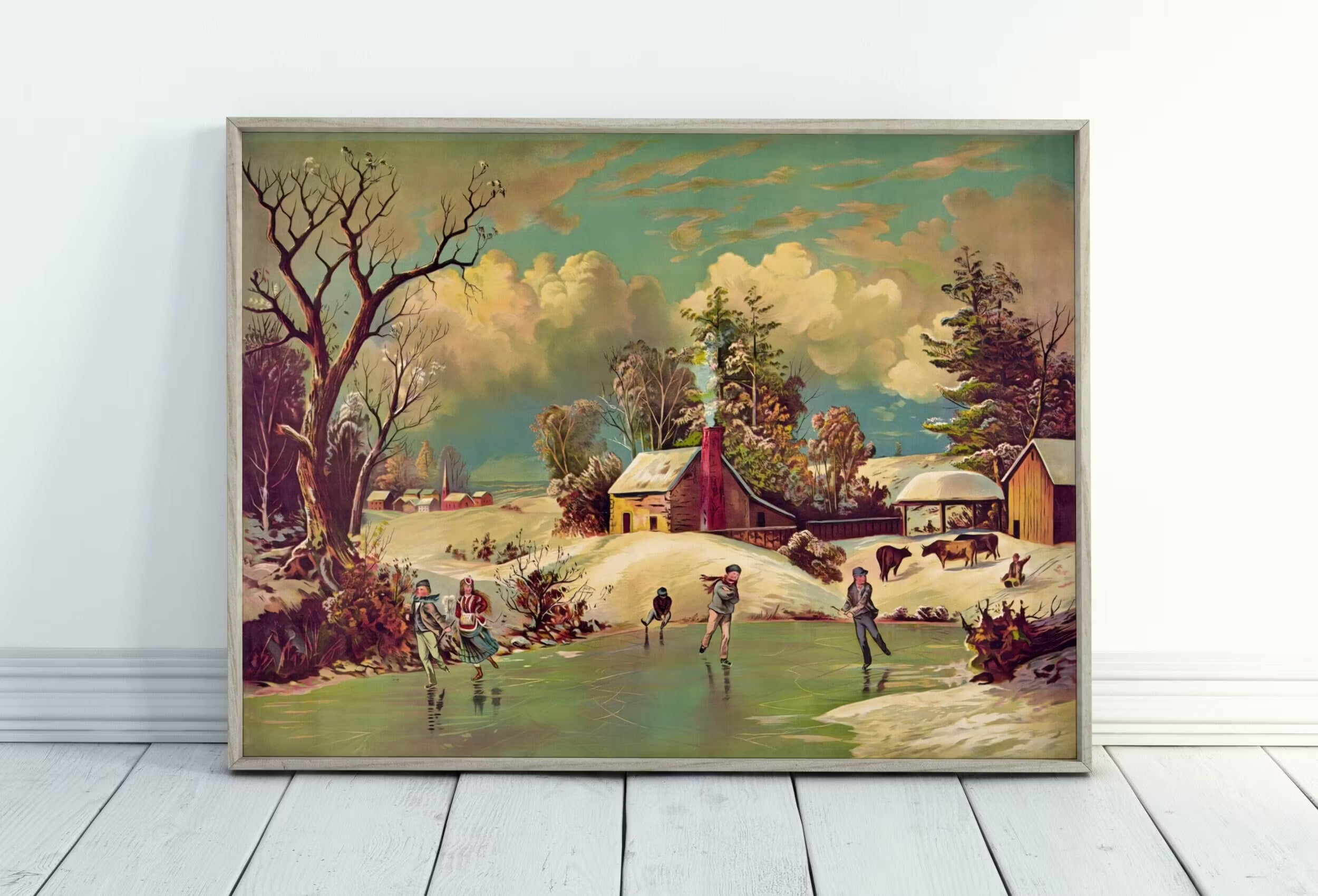 American Winter Life Vintage Art Print. Antique PRINTABLE Painting. Instant Download. Winter Scene Landscape Art. Rustic Country Art