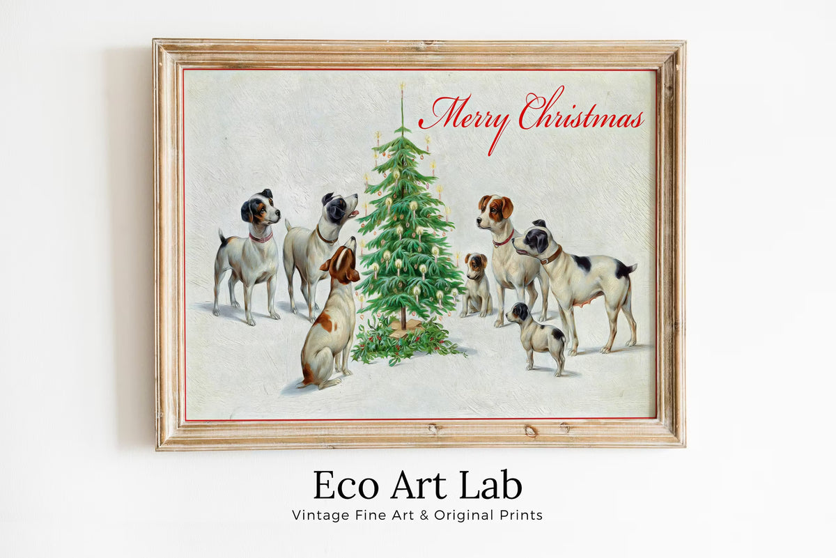 Dogs Sitting Around Christmas Tree. Vintage Painting Printable Wall Art. Retro Christmas Art. Merry Christmas Old Illustration. Dogs Poster