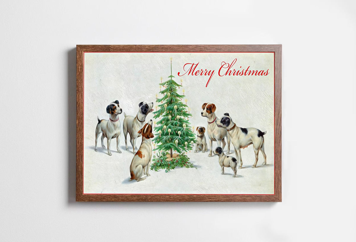 Dogs Sitting Around Christmas Tree. Vintage Painting Printable Wall Art. Retro Christmas Art. Merry Christmas Old Illustration. Dogs Poster