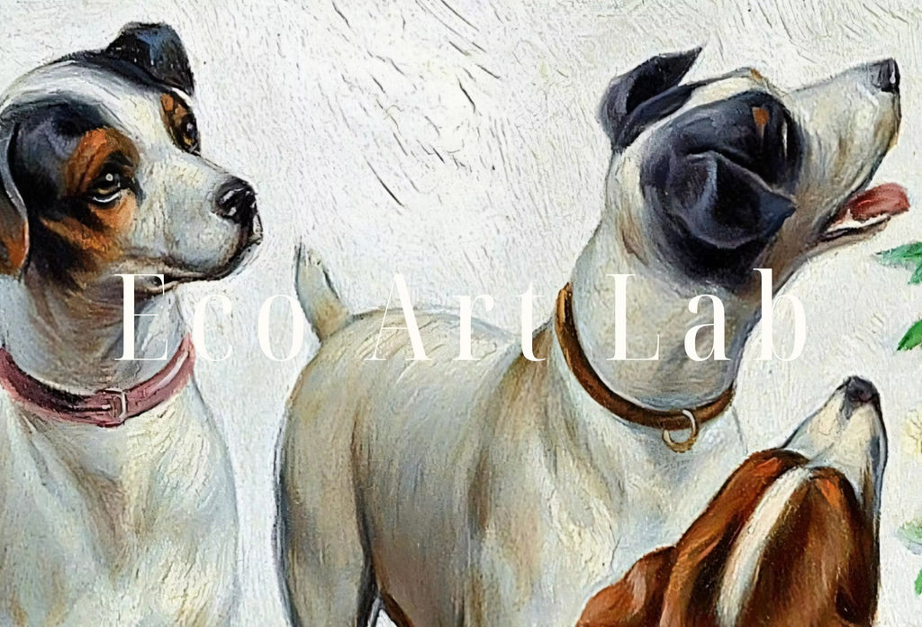 Dogs Sitting Around Christmas Tree. Vintage Painting Printable Wall Art. Retro Christmas Art. Merry Christmas Old Illustration. Dogs Poster