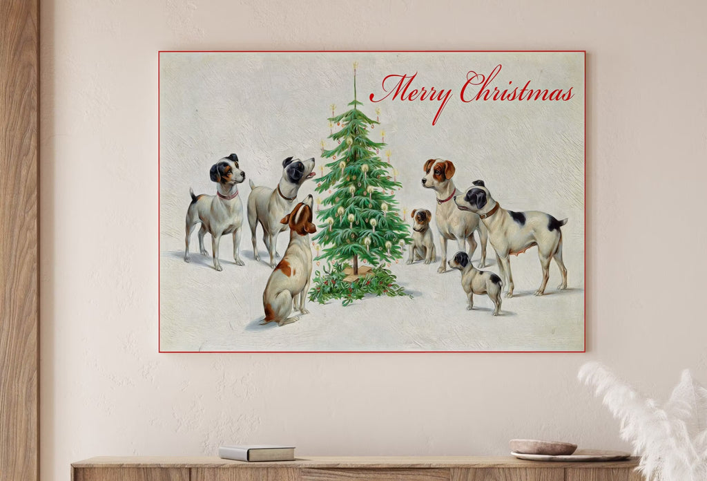 Dogs Sitting Around Christmas Tree. Vintage Painting Printable Wall Art. Retro Christmas Art. Merry Christmas Old Illustration. Dogs Poster