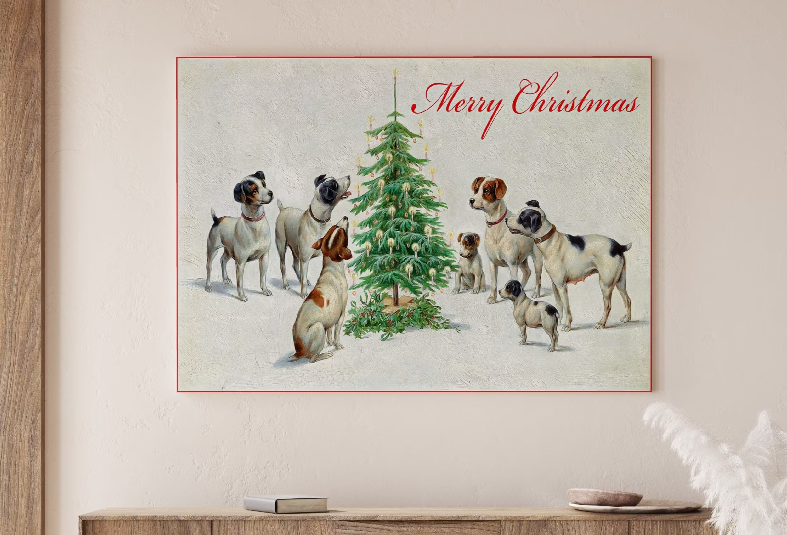 Dogs Sitting Around Christmas Tree. Vintage Painting Printable Wall Art. Retro Christmas Art. Merry Christmas Old Illustration. Dogs Poster