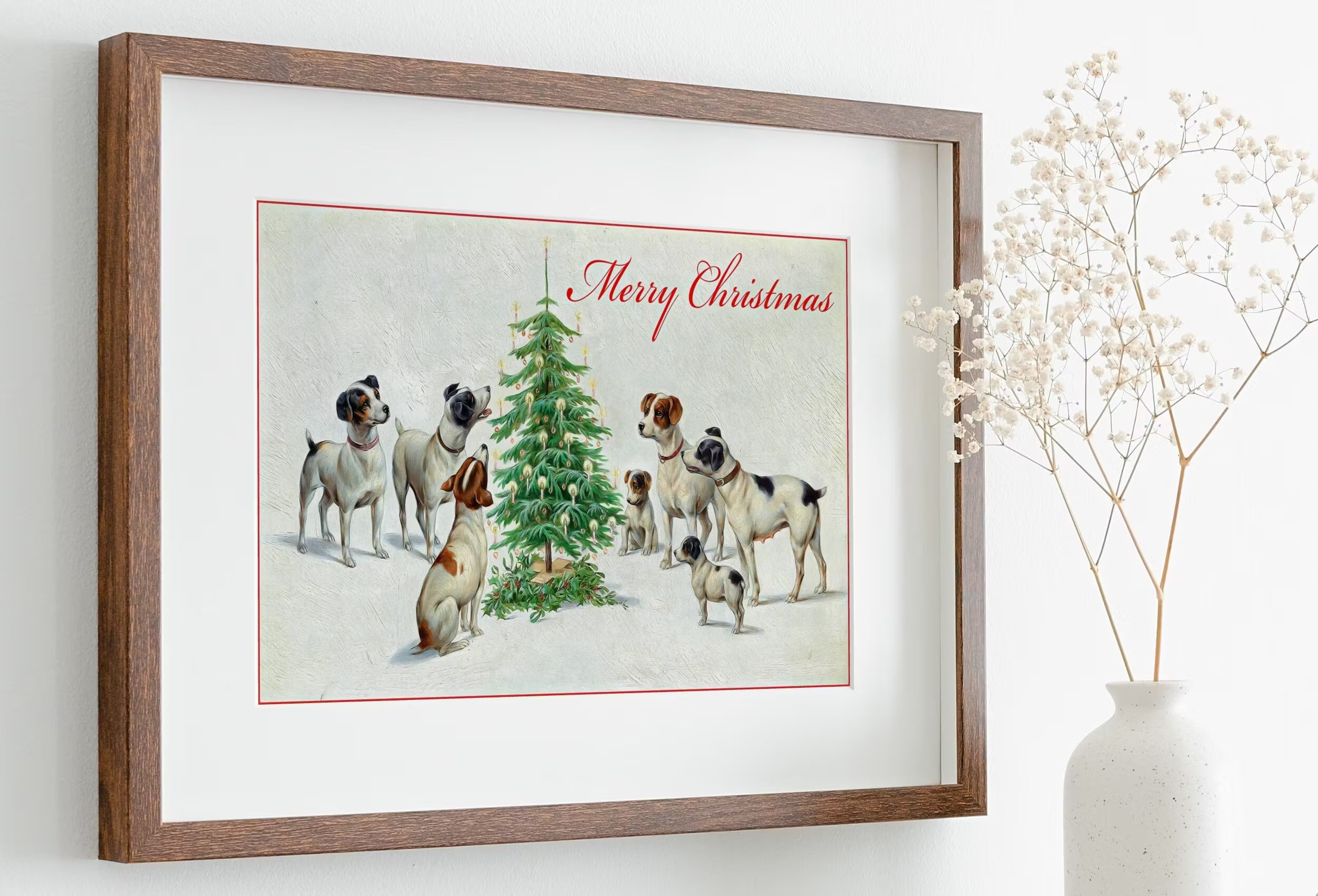 Dogs Sitting Around Christmas Tree. Vintage Painting Printable Wall Art. Retro Christmas Art. Merry Christmas Old Illustration. Dogs Poster