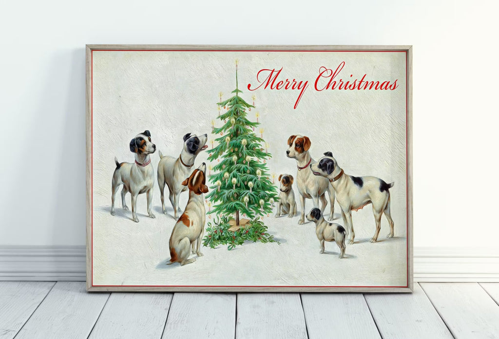 Dogs Sitting Around Christmas Tree. Vintage Painting Printable Wall Art. Retro Christmas Art. Merry Christmas Old Illustration. Dogs Poster