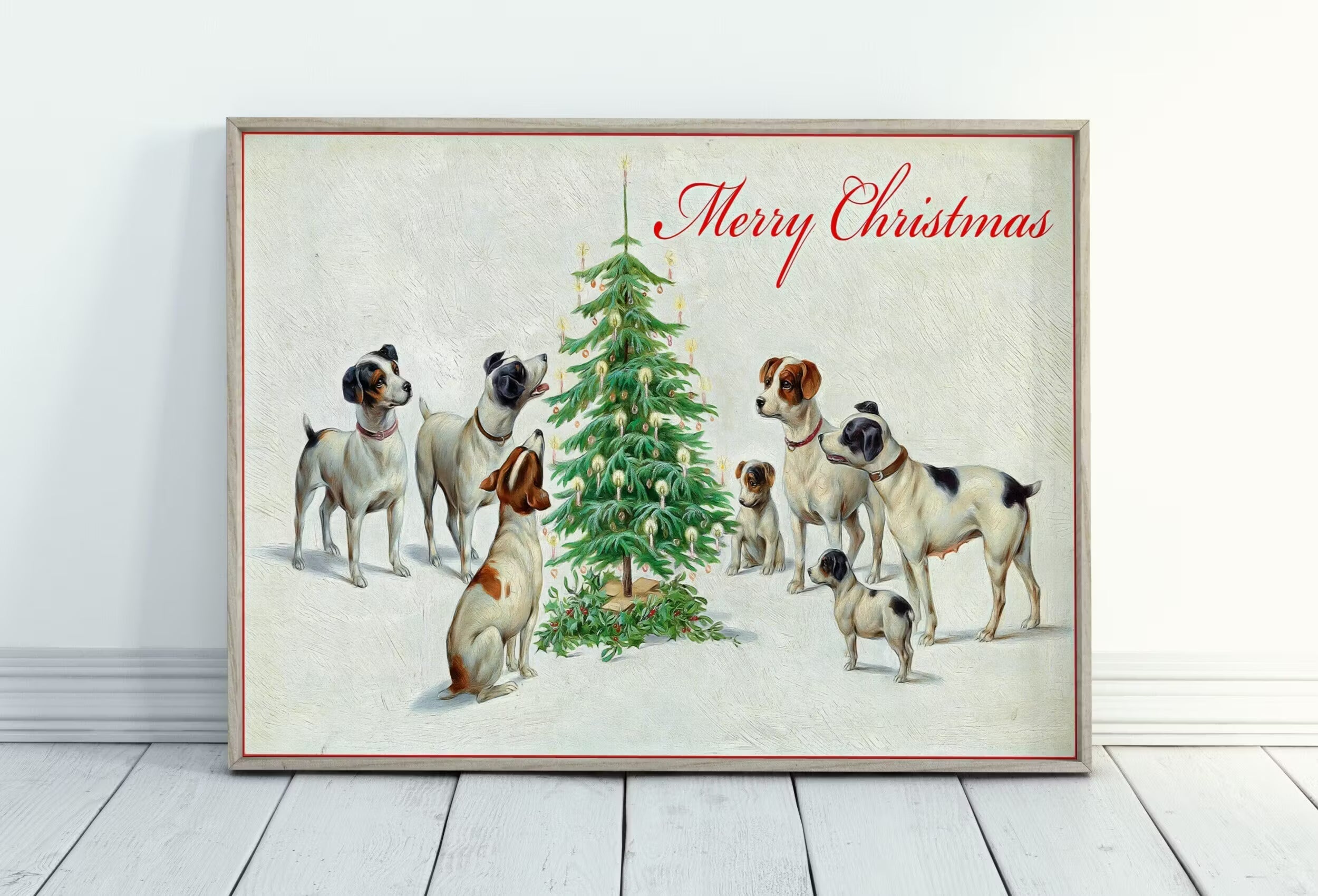 Dogs Sitting Around Christmas Tree. Vintage Painting Printable Wall Art. Retro Christmas Art. Merry Christmas Old Illustration. Dogs Poster