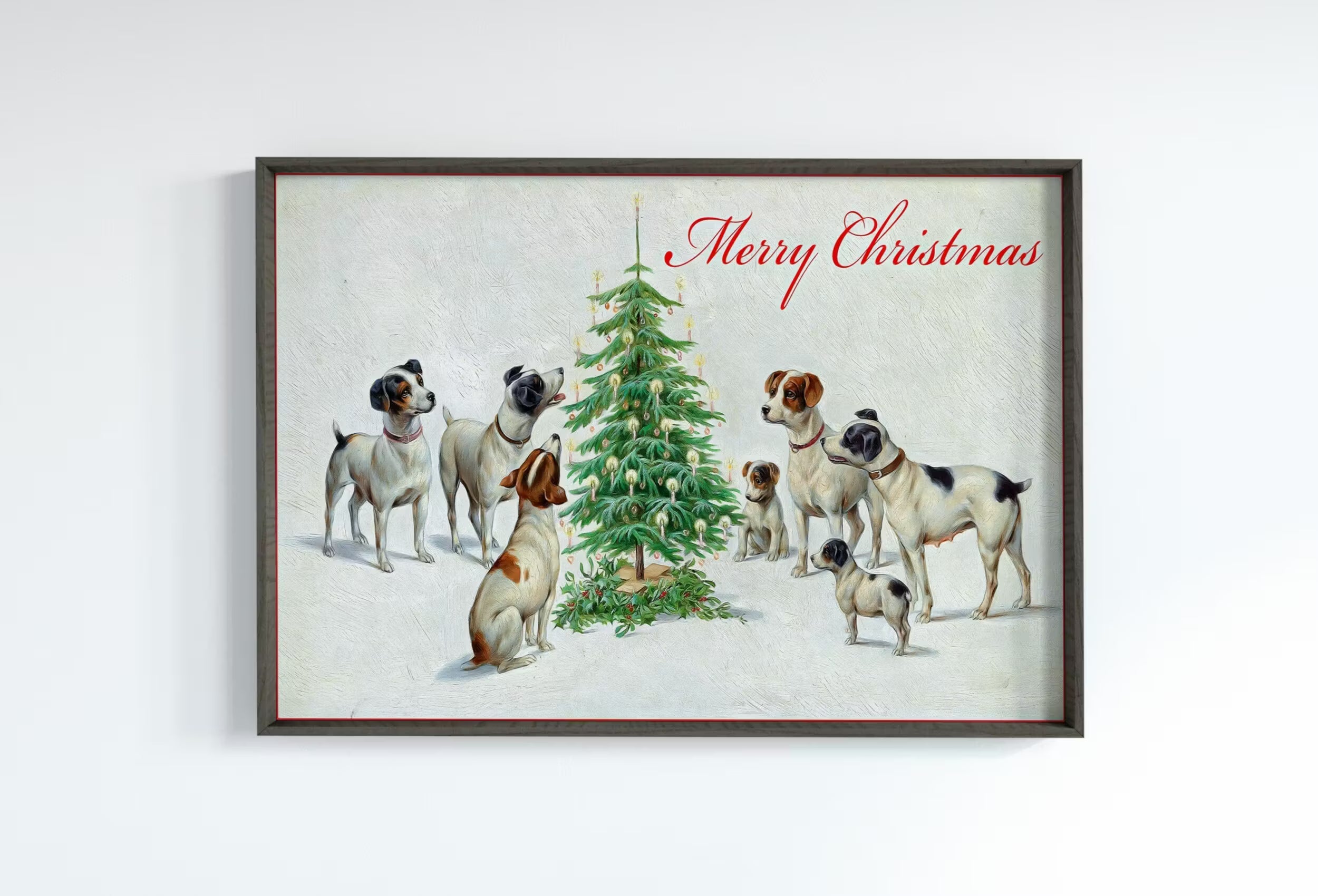 Dogs Sitting Around Christmas Tree. Vintage Painting Printable Wall Art. Retro Christmas Art. Merry Christmas Old Illustration. Dogs Poster