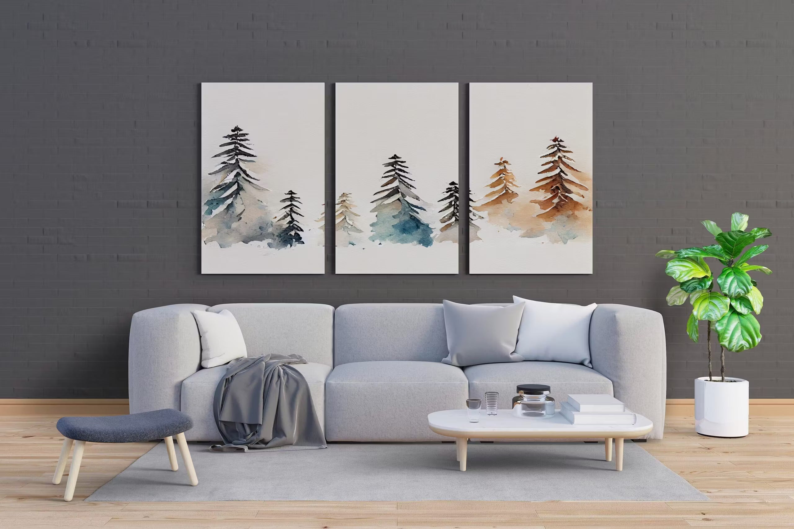 Minimalist Snowy Winter Trees Painting. Printable Wall Art