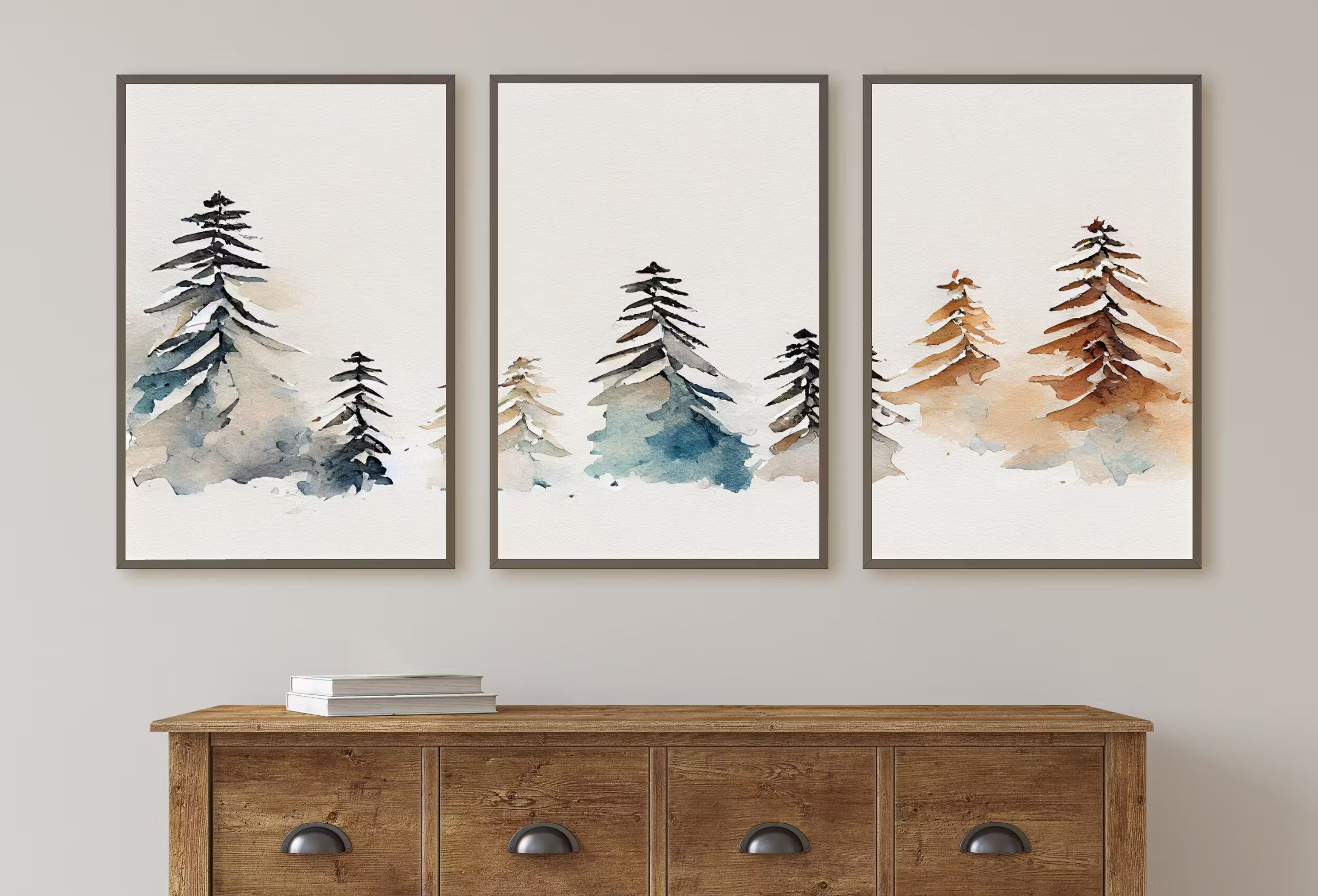 Minimalist Snowy Winter Trees Painting. Printable Wall Art