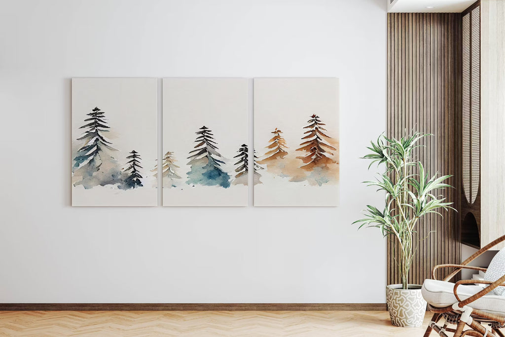 Minimalist Snowy Winter Trees Painting. Printable Wall Art