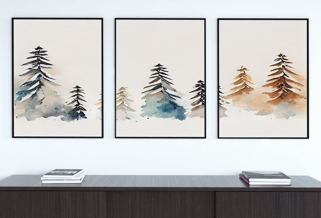 Minimalist Snowy Winter Trees Painting. Printable Wall Art