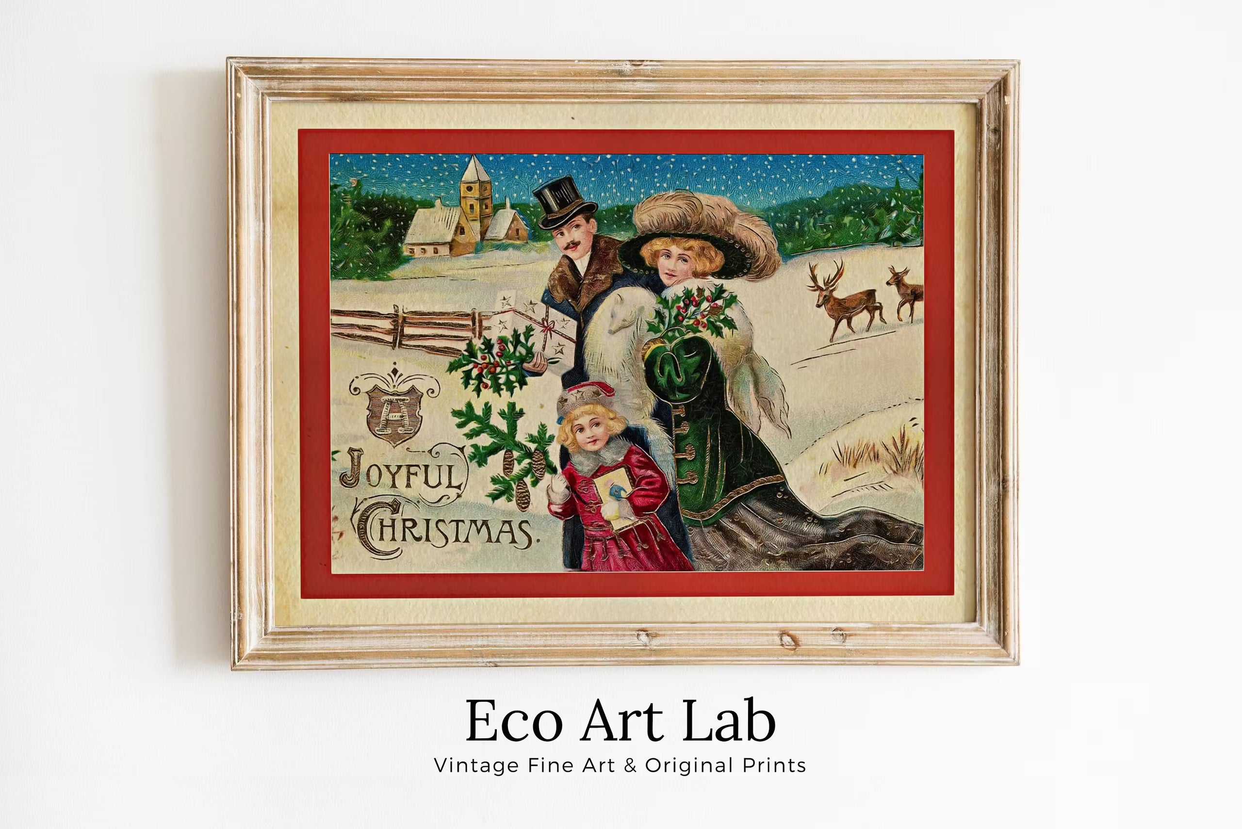 Vintage Victorian Christmas Card of Family in Snow