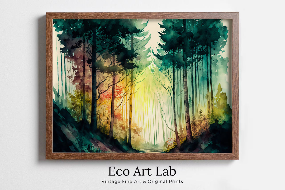 Mountain Forest Art. Watercolor Forest Landscape Printable Wall Art. Green Forest Trees Painting. Digital Art. Nature Decor