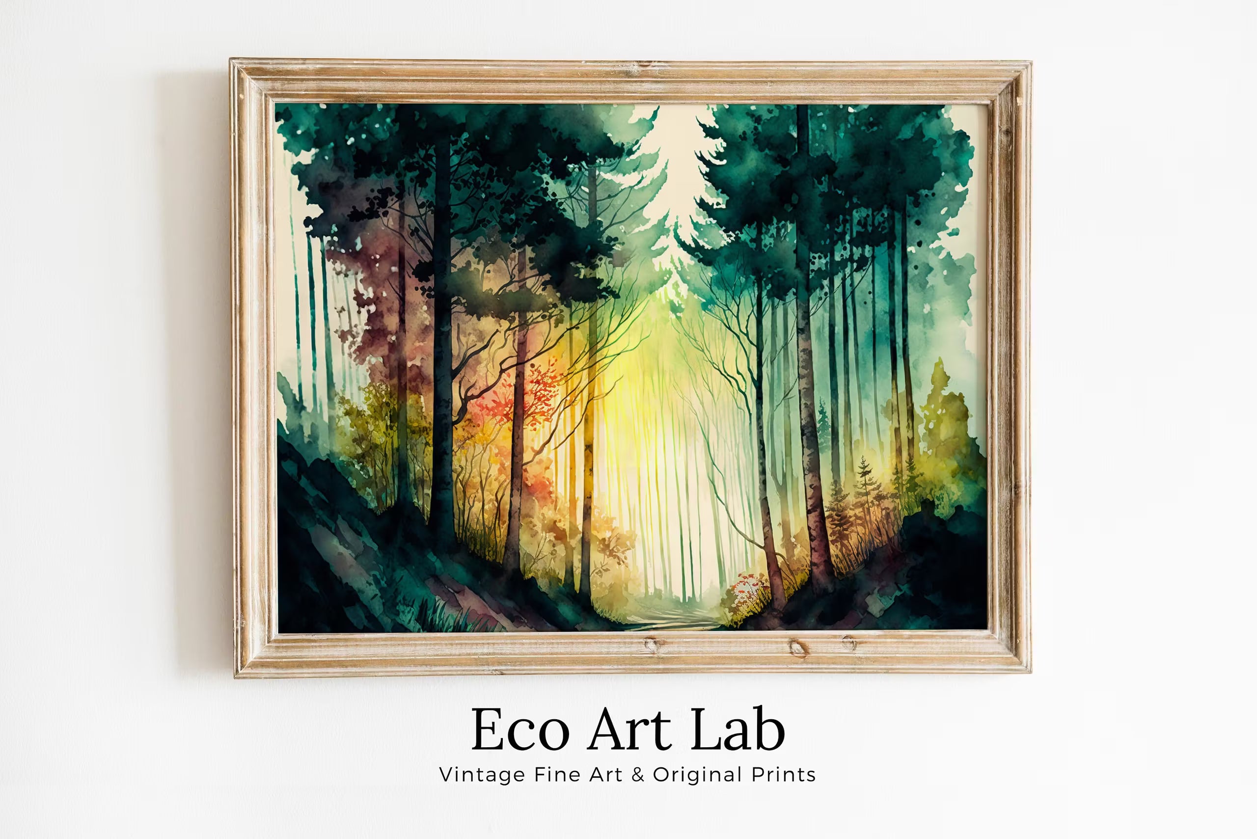 Mountain Forest Art. Watercolor Forest Landscape Printable Wall Art. Green Forest Trees Painting. Digital Art. Nature Decor